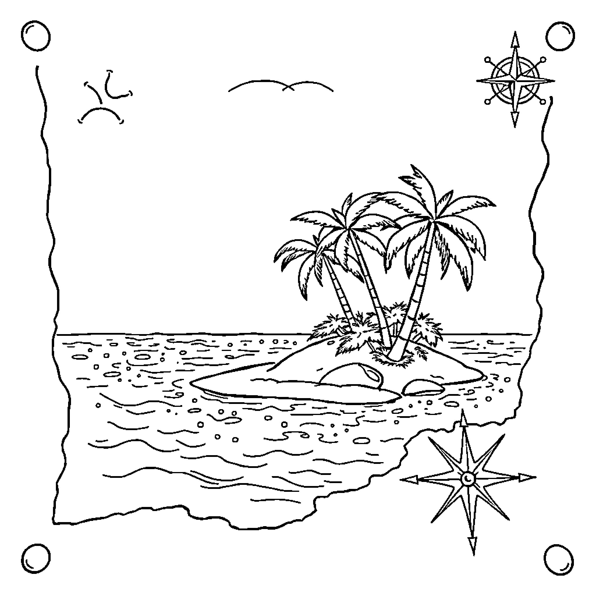 Treasure Map of a Tropical Island Landscape Coloring Page (free black-and-white line drawing printable PDF for all, from beginners to advanced learners, including children, teens, adults, and seniors)