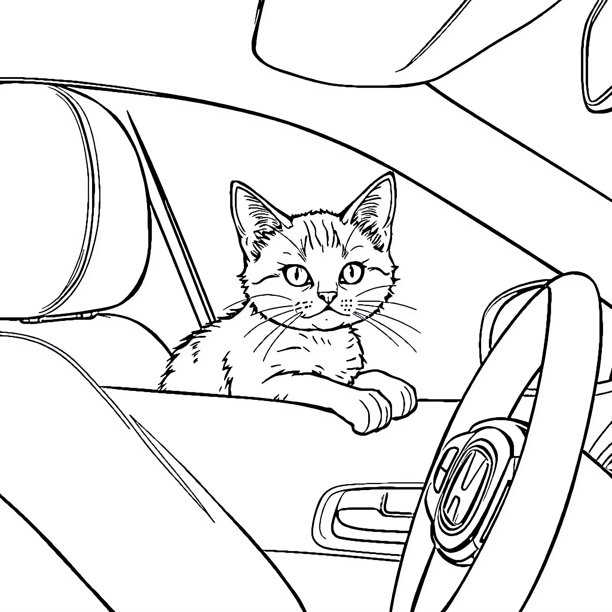 Cat Relaxing Comfortably in Car Coloring Page (free black-and-white line drawing printable PDF for all, from beginners to advanced learners, including children, teens, adults, and seniors)