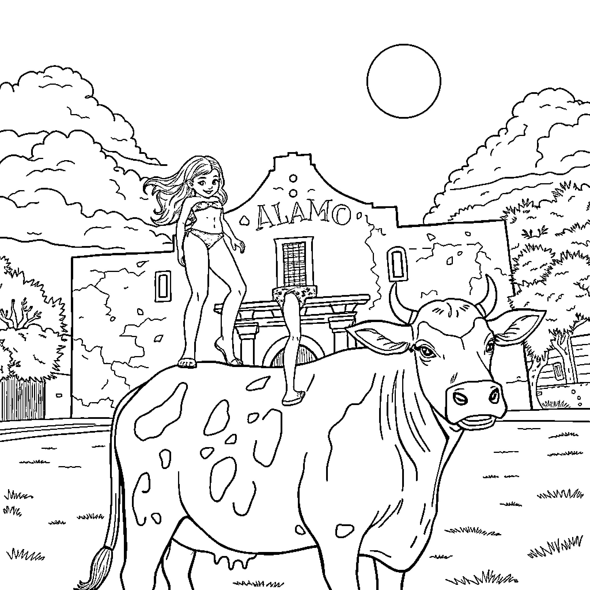 Girl exploring the Alamo with a spotted cow Coloring Page (free black-and-white line drawing printable PDF for all, from beginners to advanced learners, including children, teens, adults, and seniors)