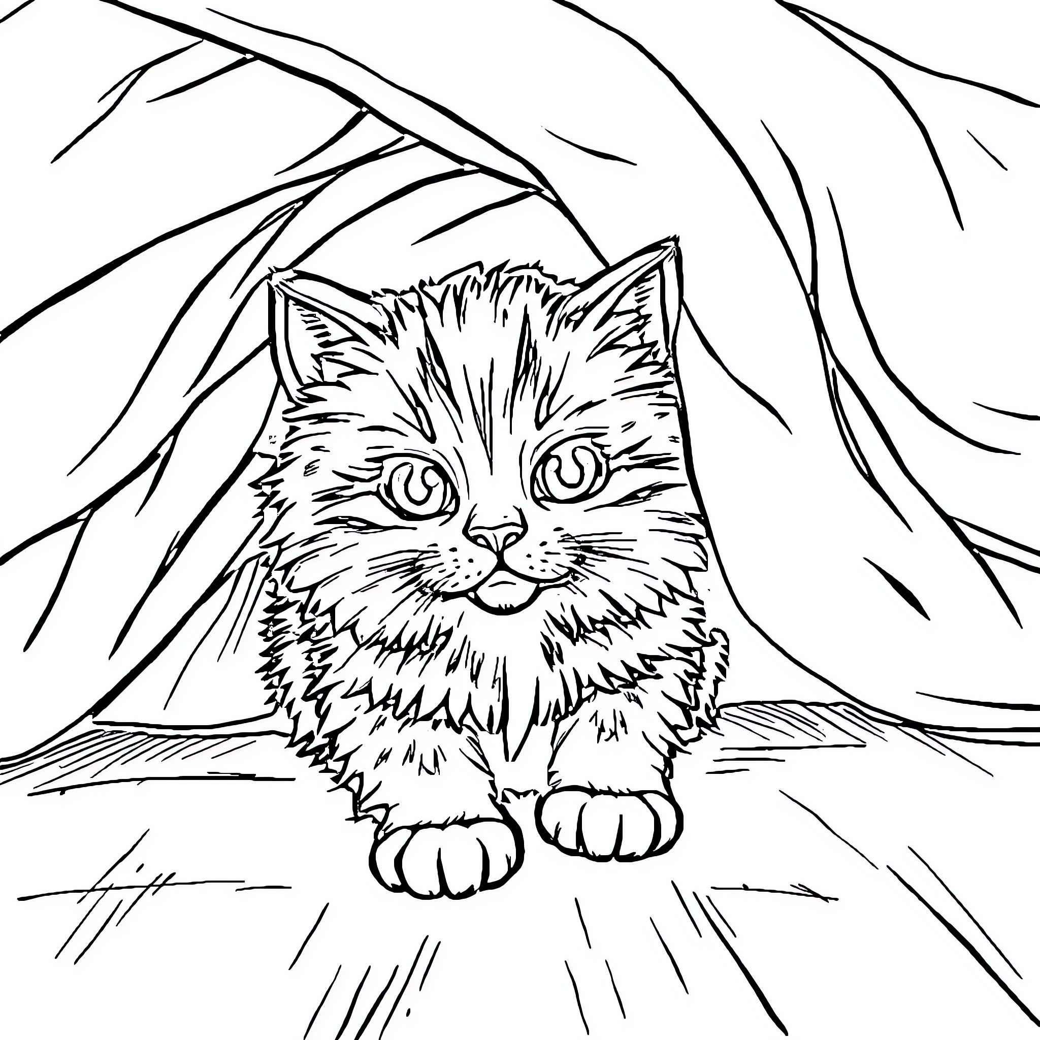 Cat amid tangled branches Coloring Page (free black-and-white line drawing printable PDF for all, from beginners to advanced learners, including children, teens, adults, and seniors)