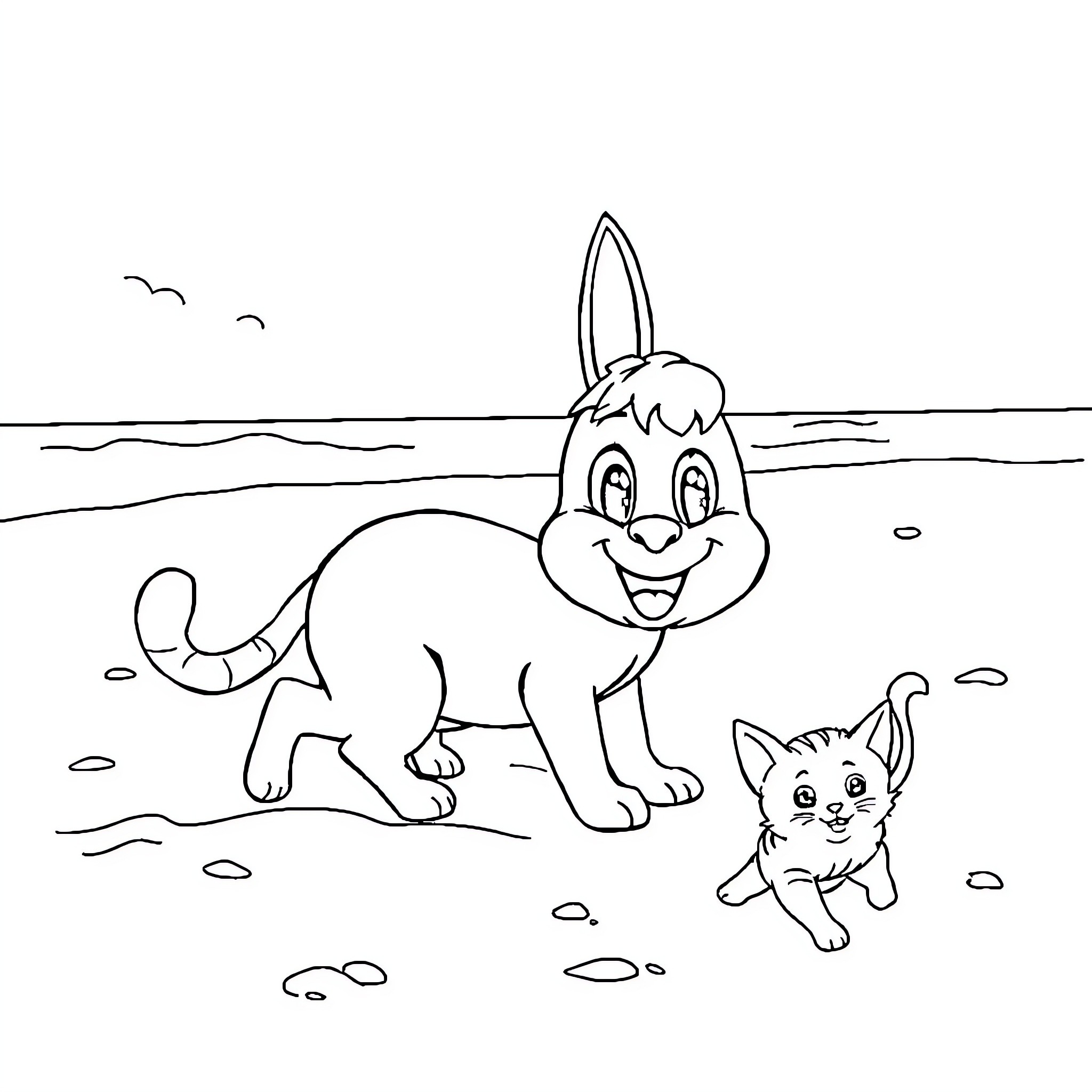 Blippi and Kitten Playing Outdoors Coloring Page (free black-and-white line drawing printable PDF for all, from beginners to advanced learners, including children, teens, adults, and seniors)