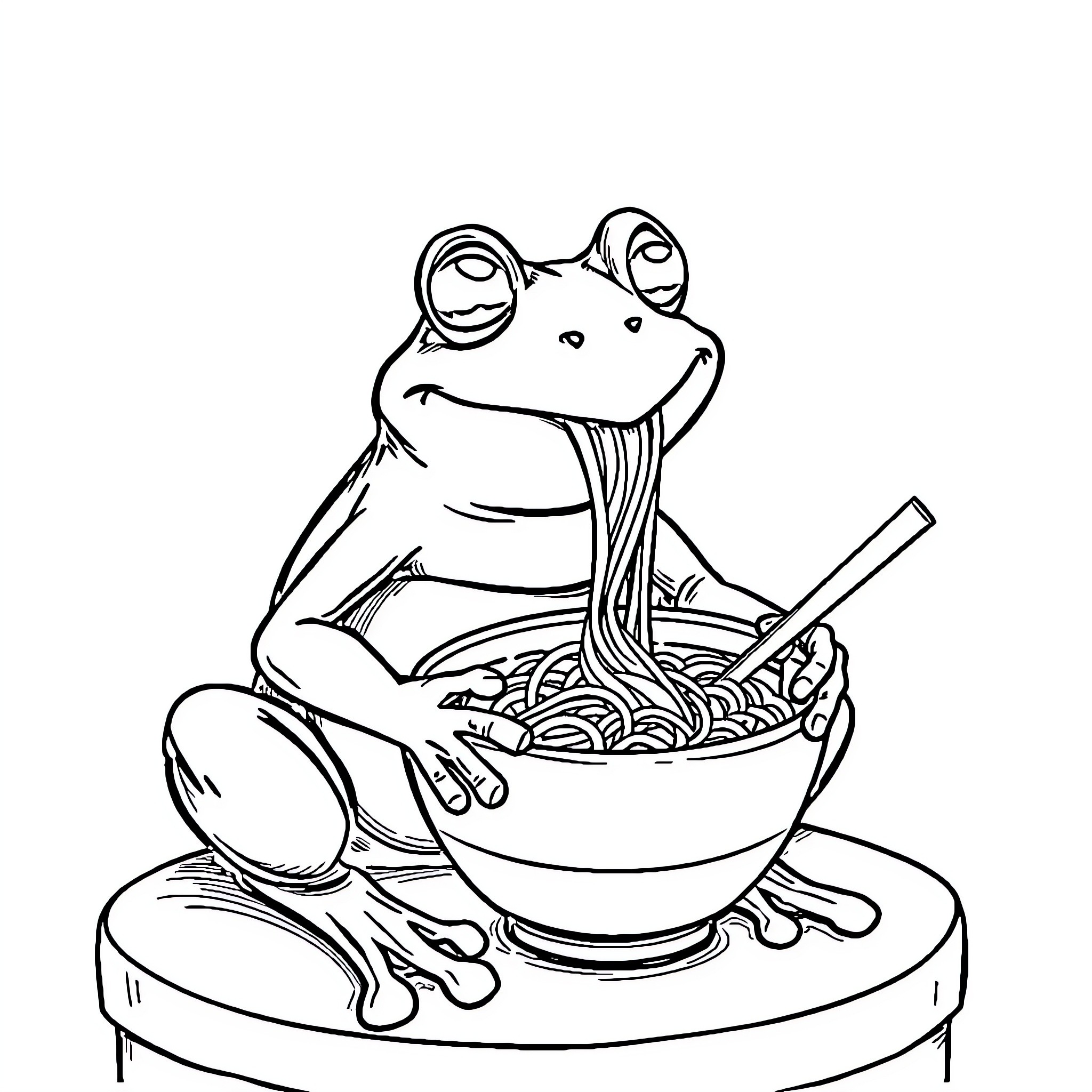 Frog enjoying a tasty noodle dish Coloring Page (free black-and-white line drawing printable PDF for all, from beginners to advanced learners, including children, teens, adults, and seniors)