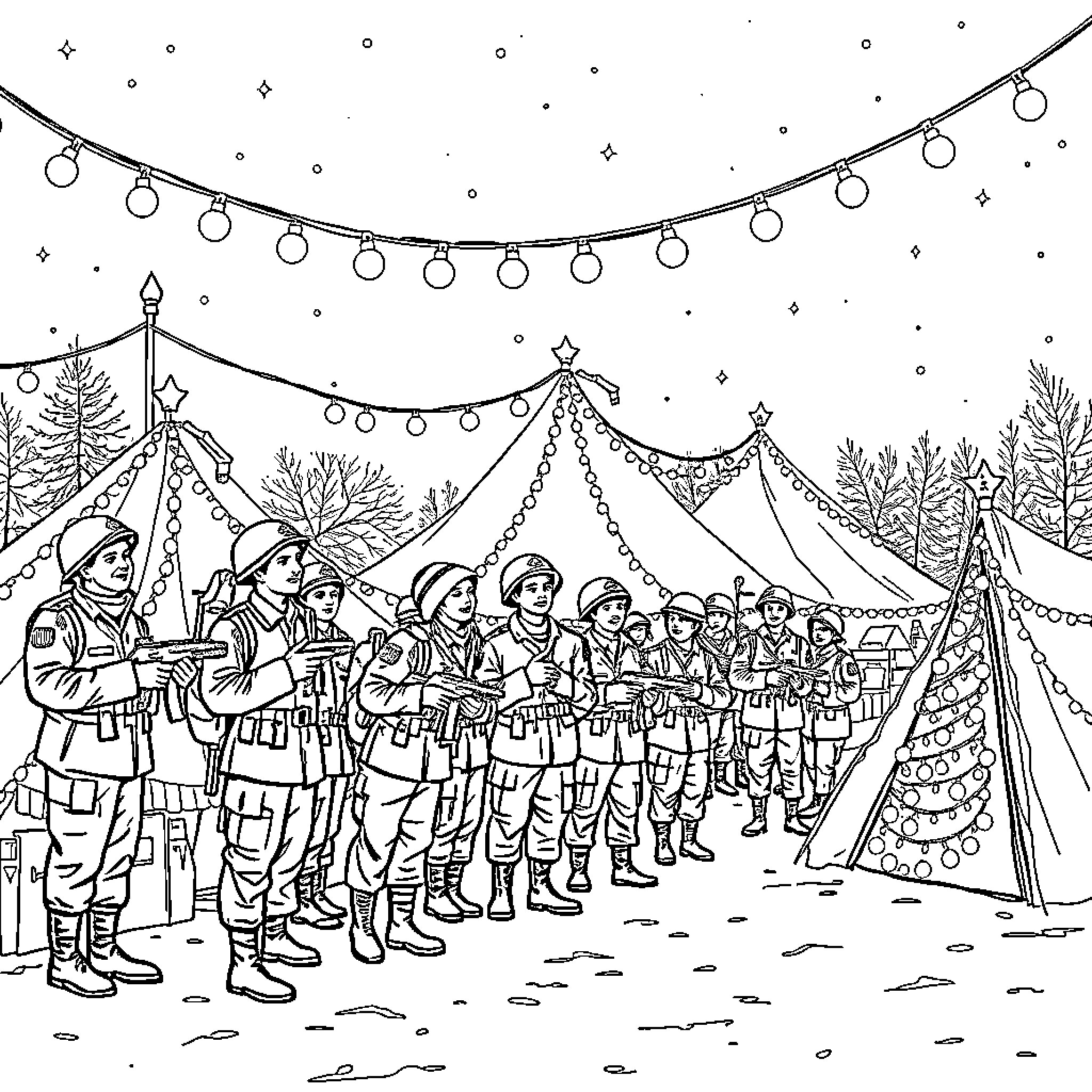 Military personnel gathered in festive campsite Coloring Page (free black-and-white line drawing printable PDF for all, from beginners to advanced learners, including children, teens, adults, and seniors)