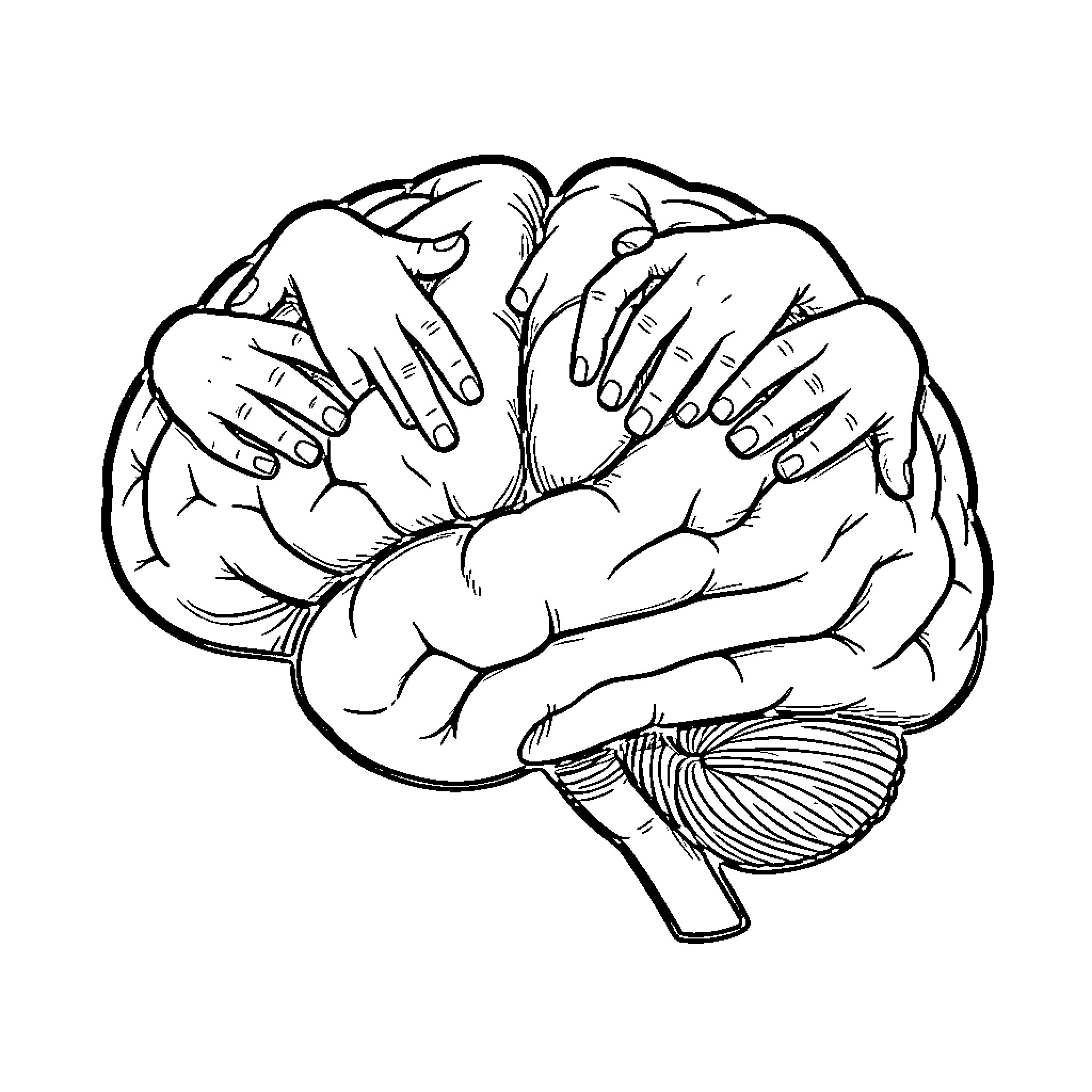 Brain being held by several human hands Coloring Page (free black-and-white line drawing printable PDF for all, from beginners to advanced learners, including children, teens, adults, and seniors)