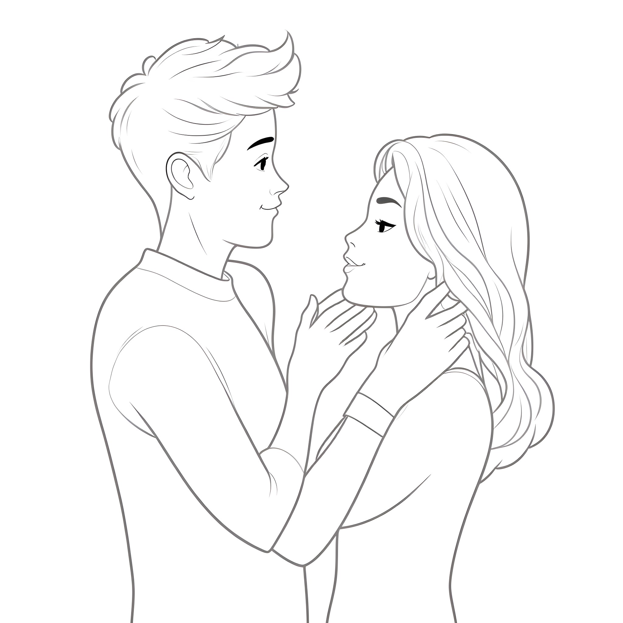 Man and woman in affectionate embrace Coloring Page (free black-and-white line drawing printable PDF for all, from beginners to advanced learners, including children, teens, adults, and seniors)