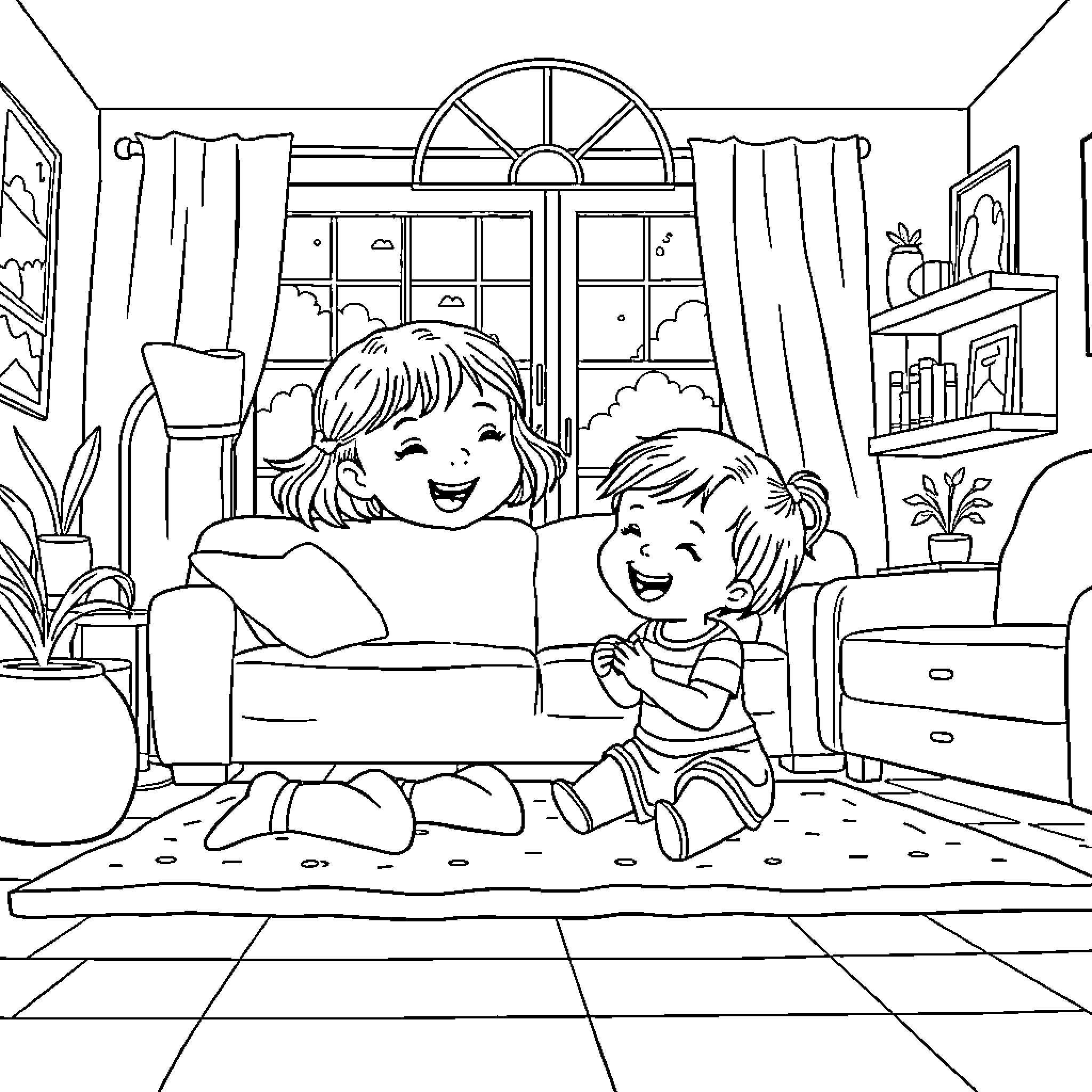 Girl and boy playing happily in living room Coloring Page (free black-and-white line drawing printable PDF for all, from beginners to advanced learners, including children, teens, adults, and seniors)