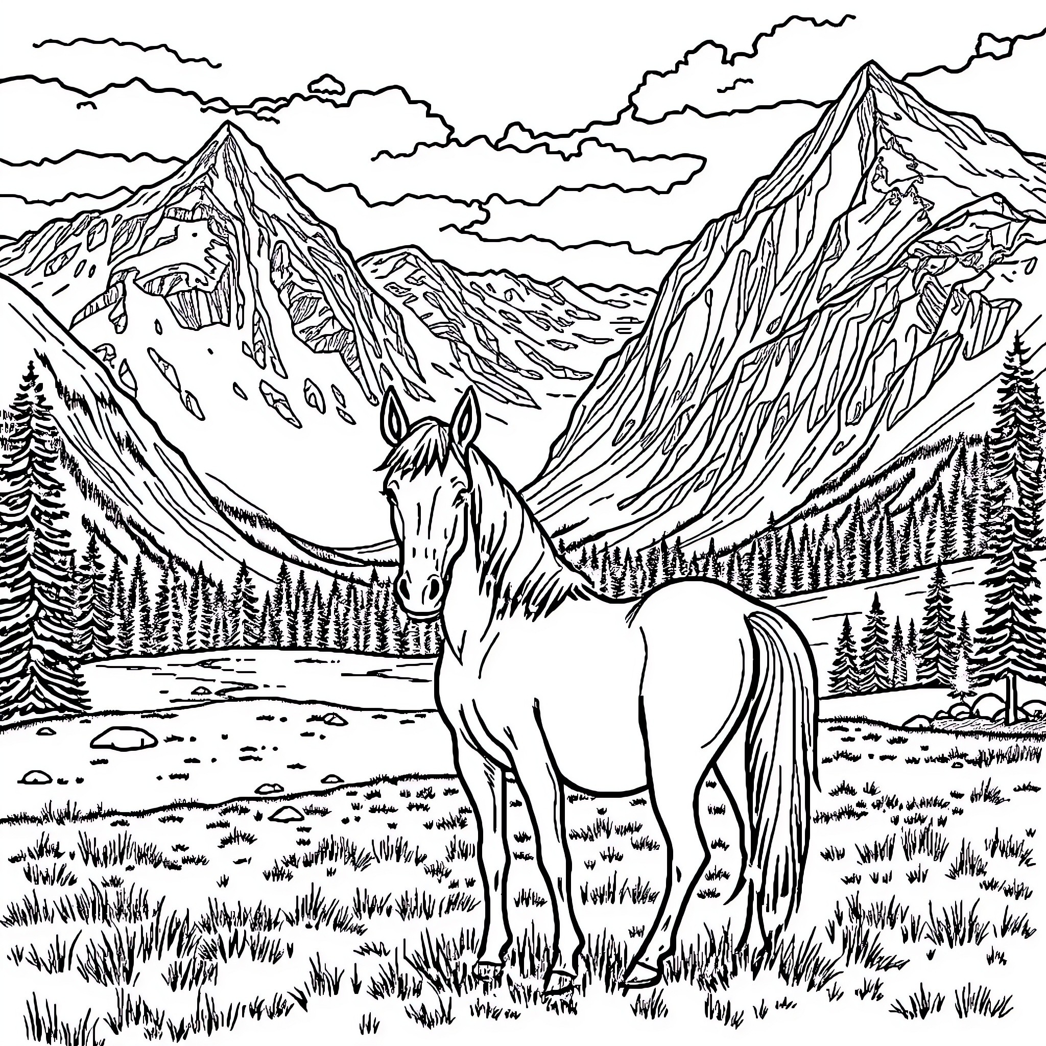 Horse in Majestic Mountain Landscape Coloring Page (free black-and-white line drawing printable PDF for all, from beginners to advanced learners, including children, teens, adults, and seniors)