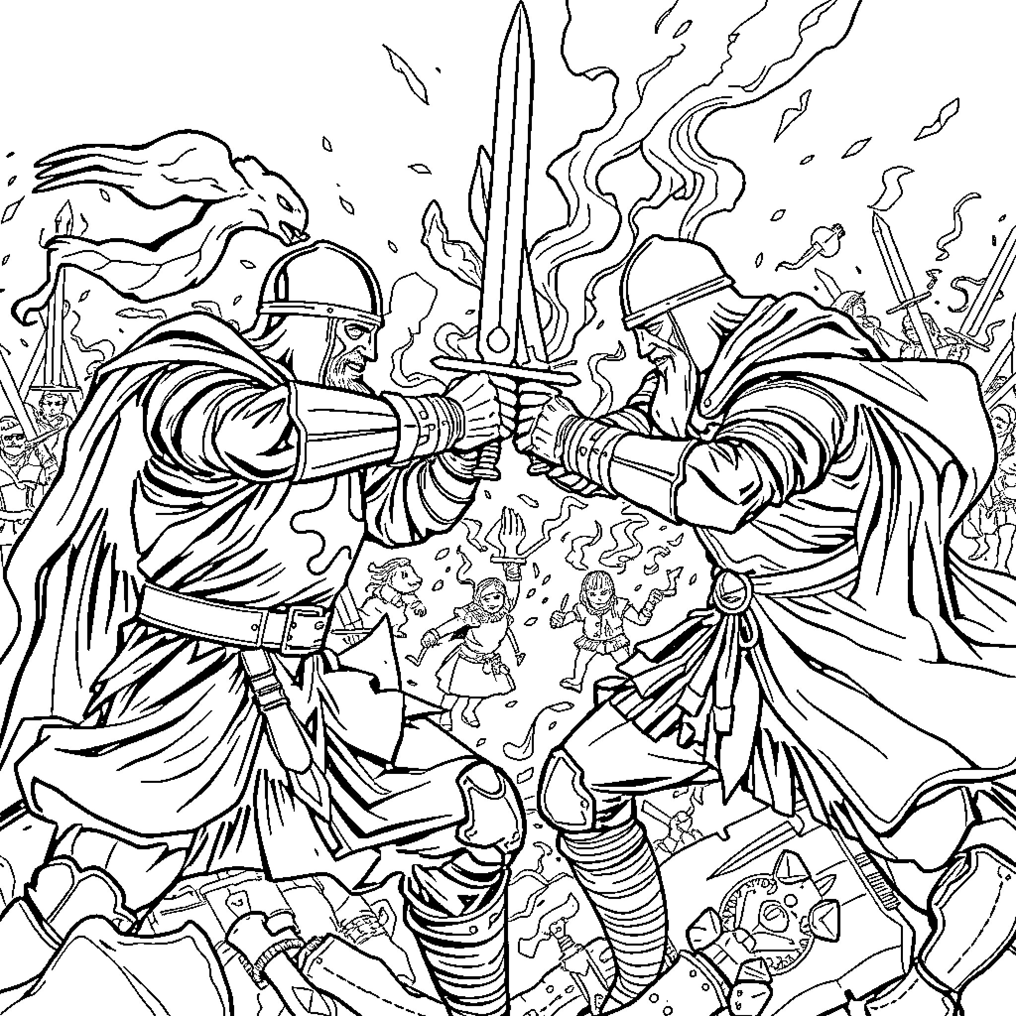 Soldier Combat in Intense Battle Coloring Page (free black-and-white line drawing printable PDF for all, from beginners to advanced learners, including children, teens, adults, and seniors)