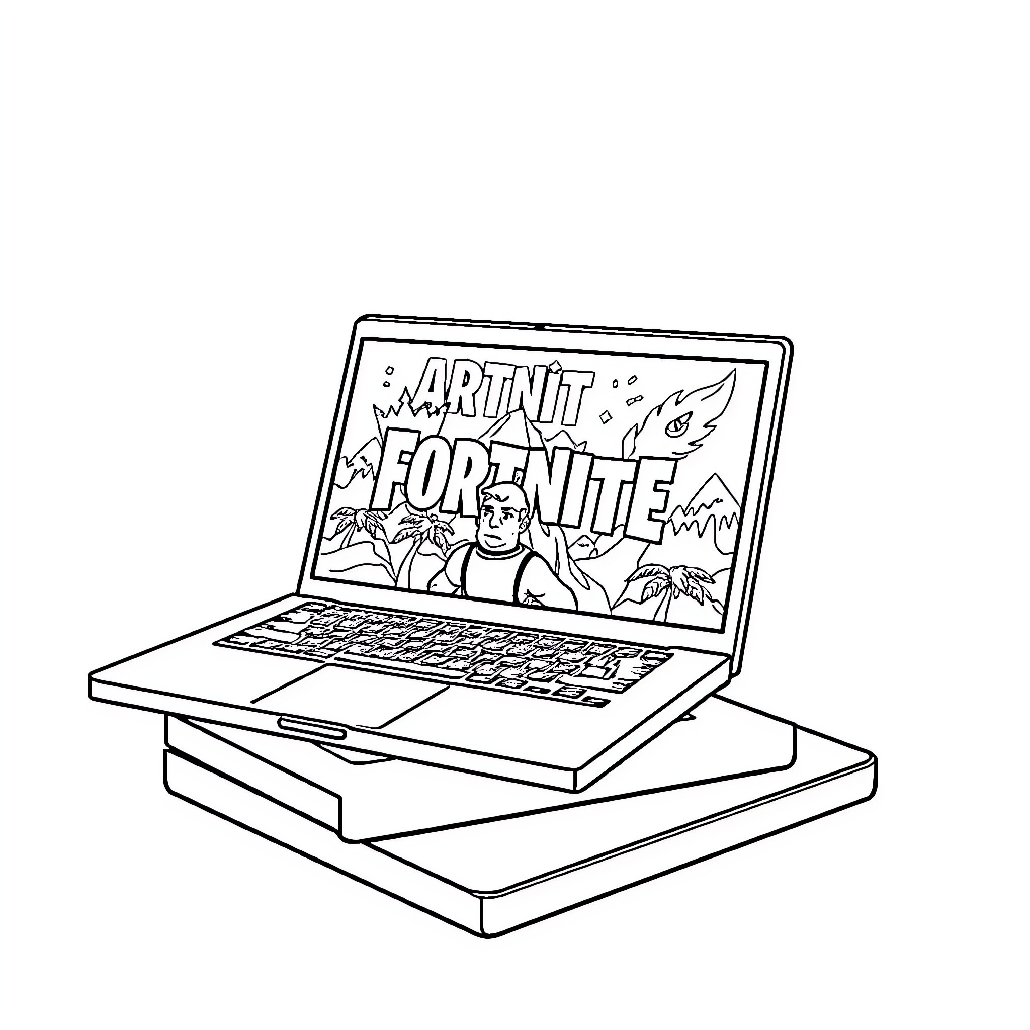 Laptop displaying video game image Coloring Page (free black-and-white line drawing printable PDF for all, from beginners to advanced learners, including children, teens, adults, and seniors)