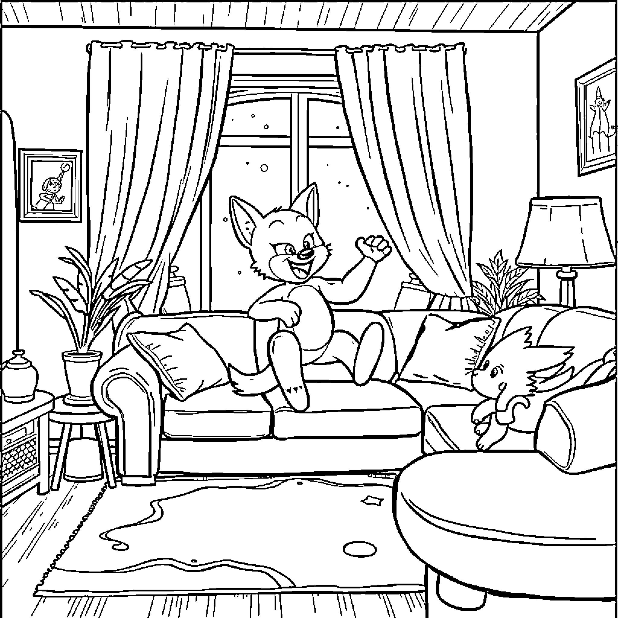 Bluey and Bingo relax in the cozy living room Coloring Page (free black-and-white line drawing printable PDF for all, from beginners to advanced learners, including children, teens, adults, and seniors)