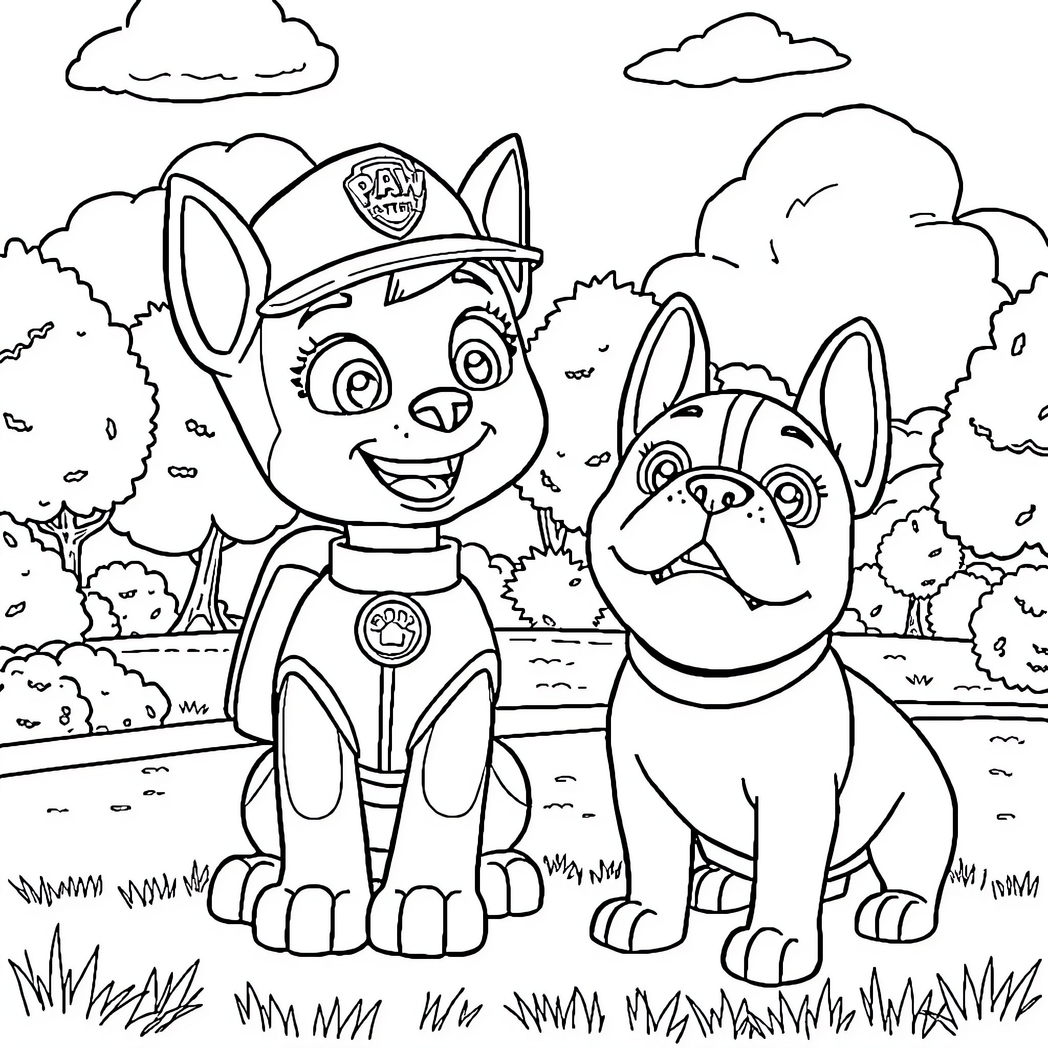 Sky puppies in outdoor adventure Coloring Page (free black-and-white line drawing printable PDF for all, from beginners to advanced learners, including children, teens, adults, and seniors)