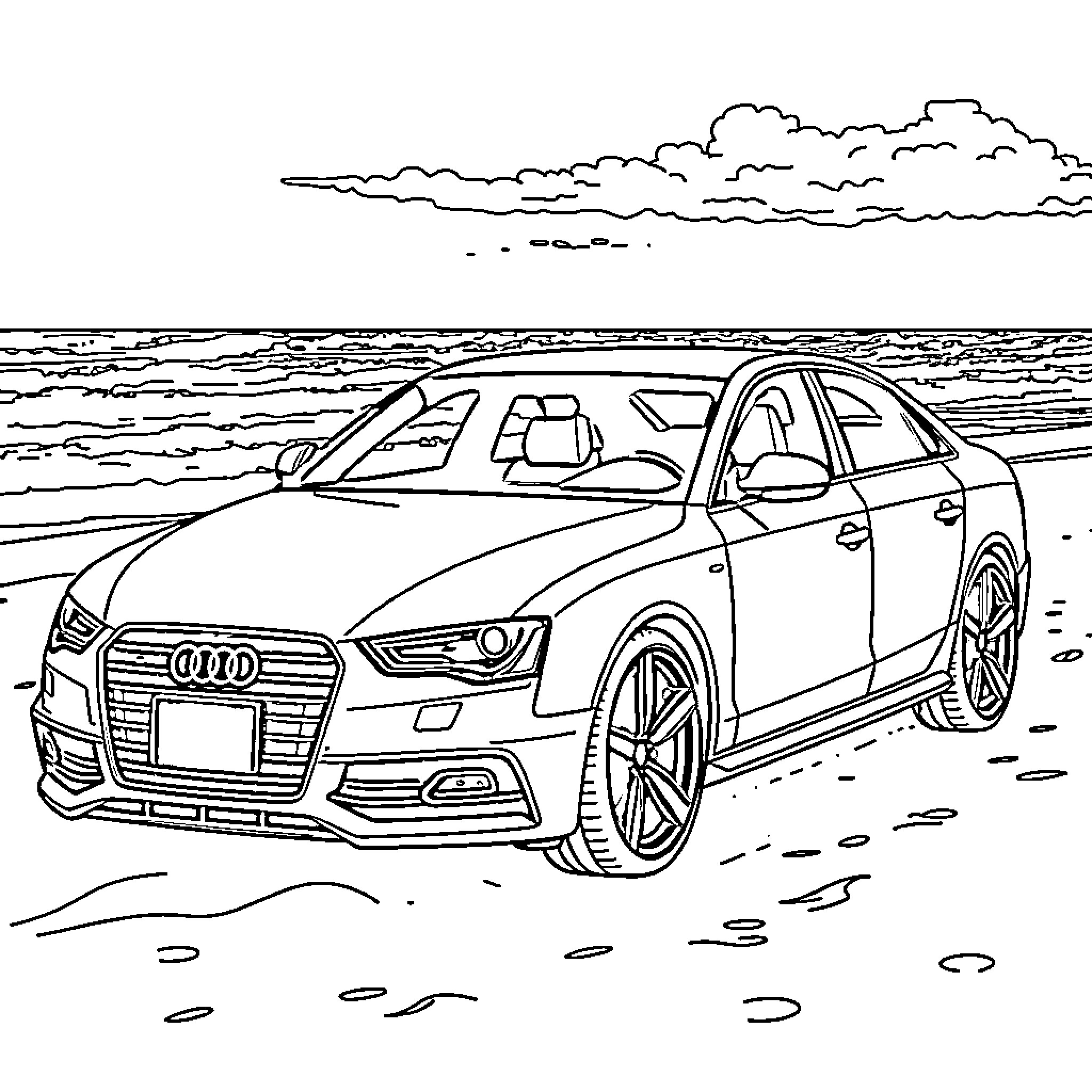 Audi luxury sedan on the beach Coloring Page (free black-and-white line drawing printable PDF for all, from beginners to advanced learners, including children, teens, adults, and seniors)