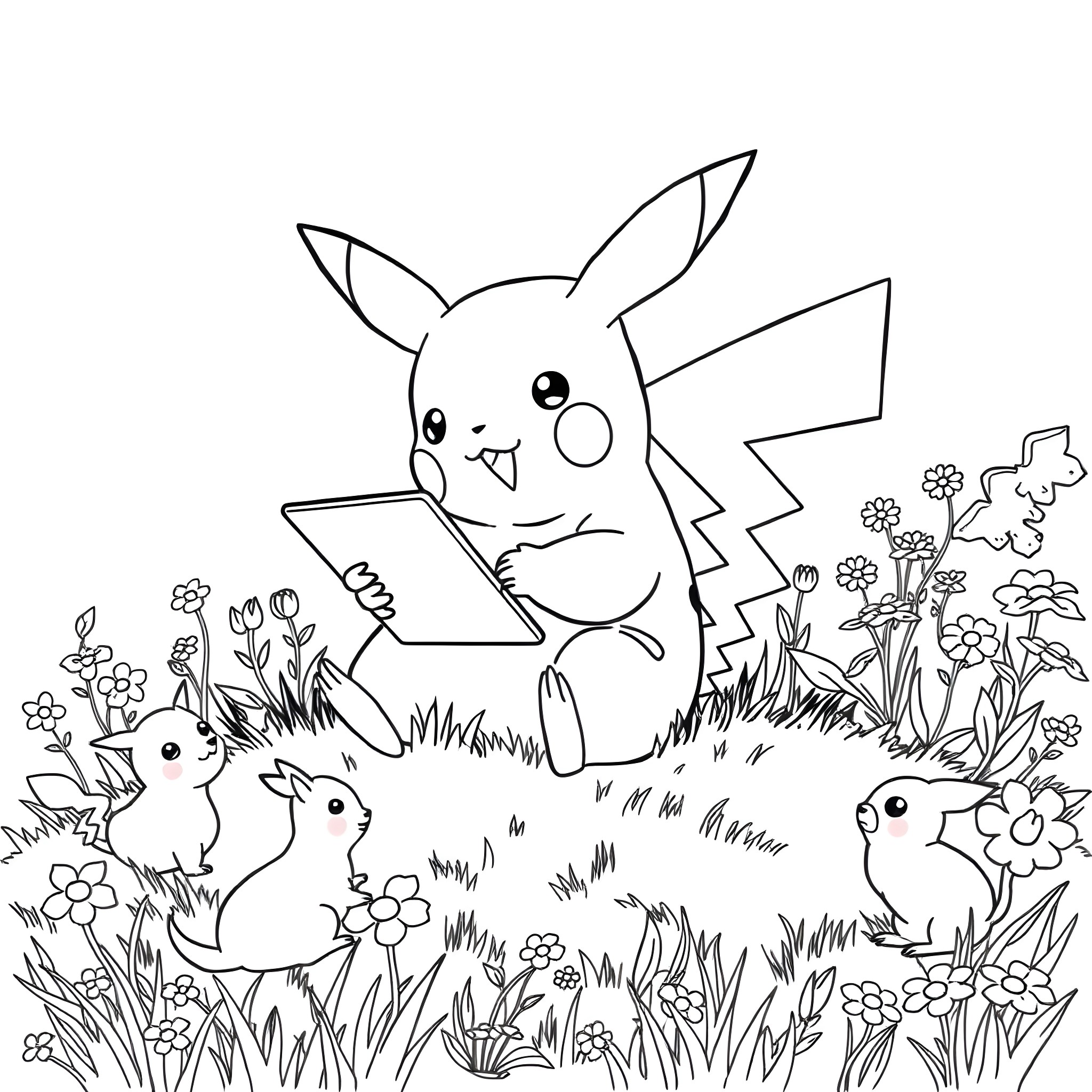 Pikachu surrounded by cute bunnies in a floral meadow Coloring Page (free black-and-white line drawing printable PDF for all, from beginners to advanced learners, including children, teens, adults, and seniors)
