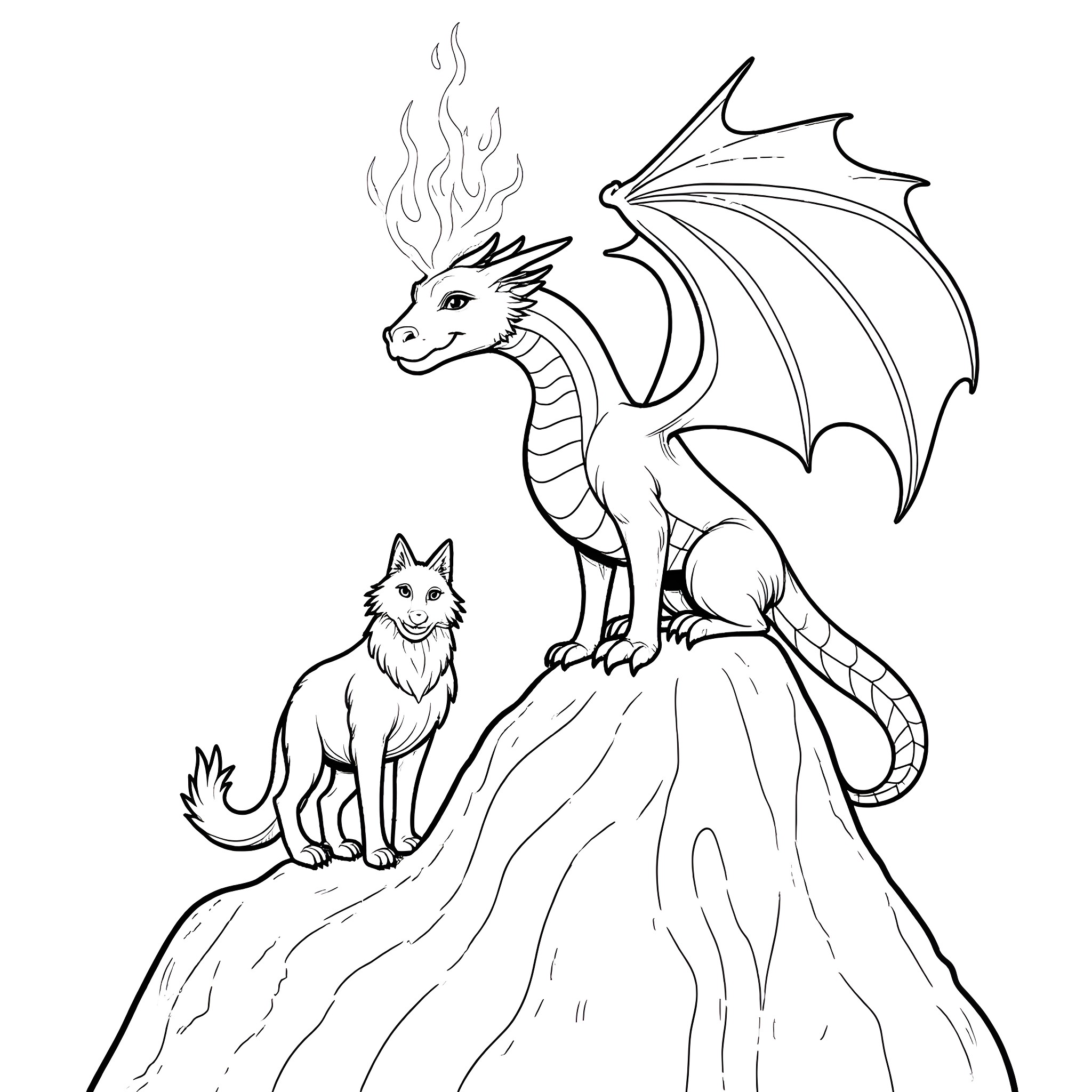 Dragon and Mystical Creatures on a Mountainous Landscape Coloring Page (free black-and-white line drawing printable PDF for all, from beginners to advanced learners, including children, teens, adults, and seniors)