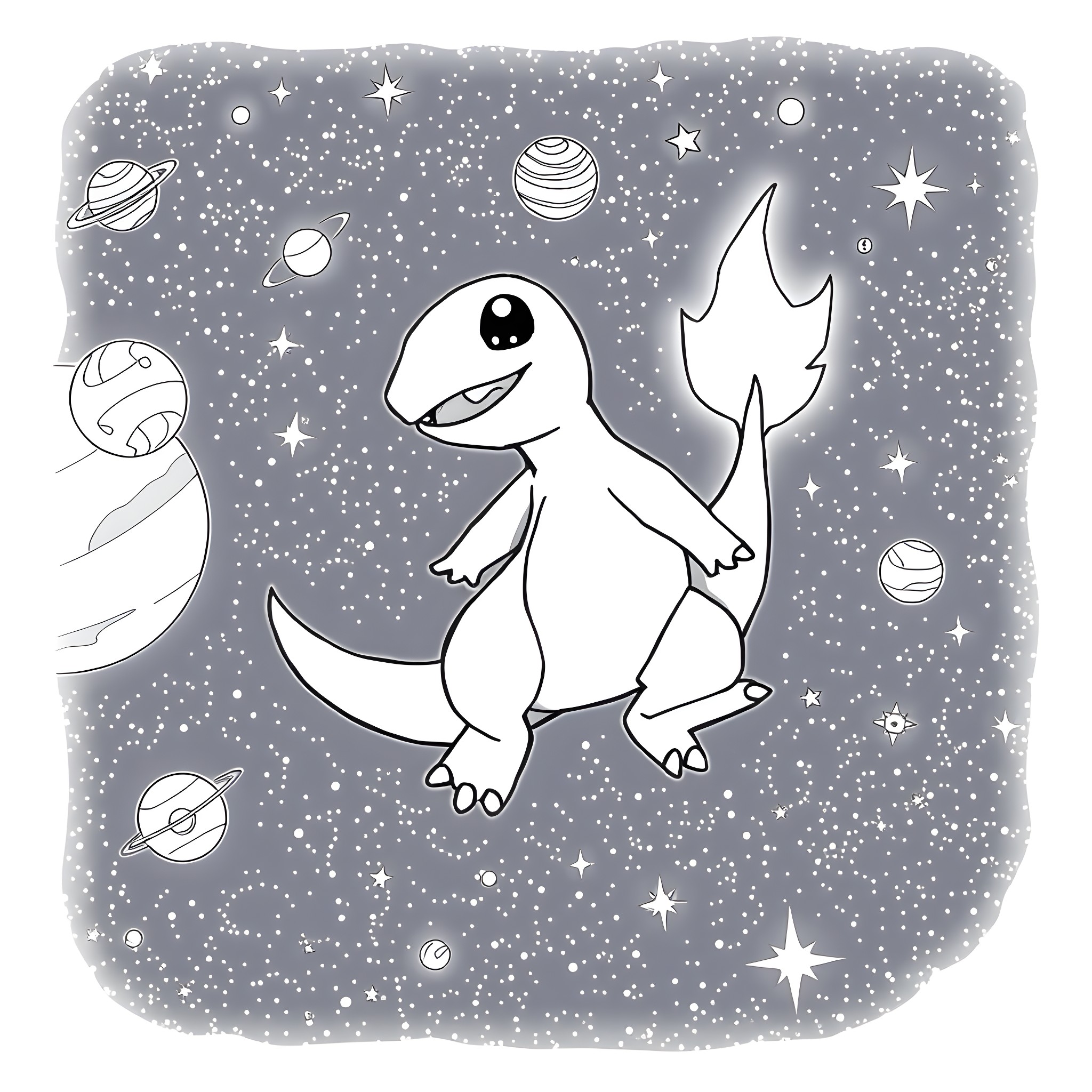 Charmander exploring the cosmic starry night Coloring Page (free black-and-white line drawing printable PDF for all, from beginners to advanced learners, including children, teens, adults, and seniors)