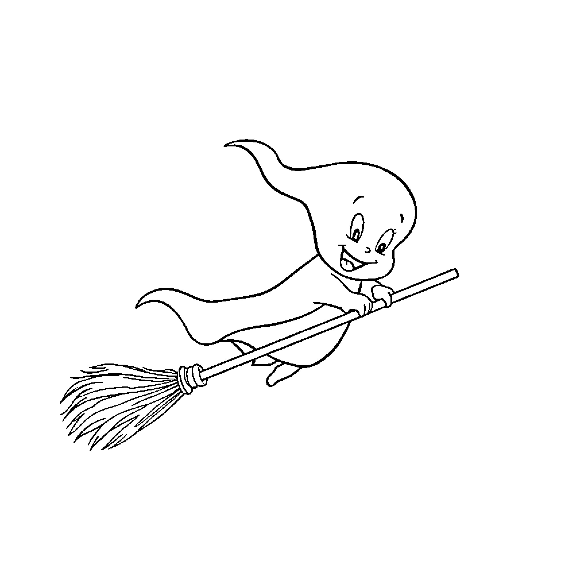 Casper riding a broomstick happily Coloring Page (free black-and-white line drawing printable PDF for all, from beginners to advanced learners, including children, teens, adults, and seniors)