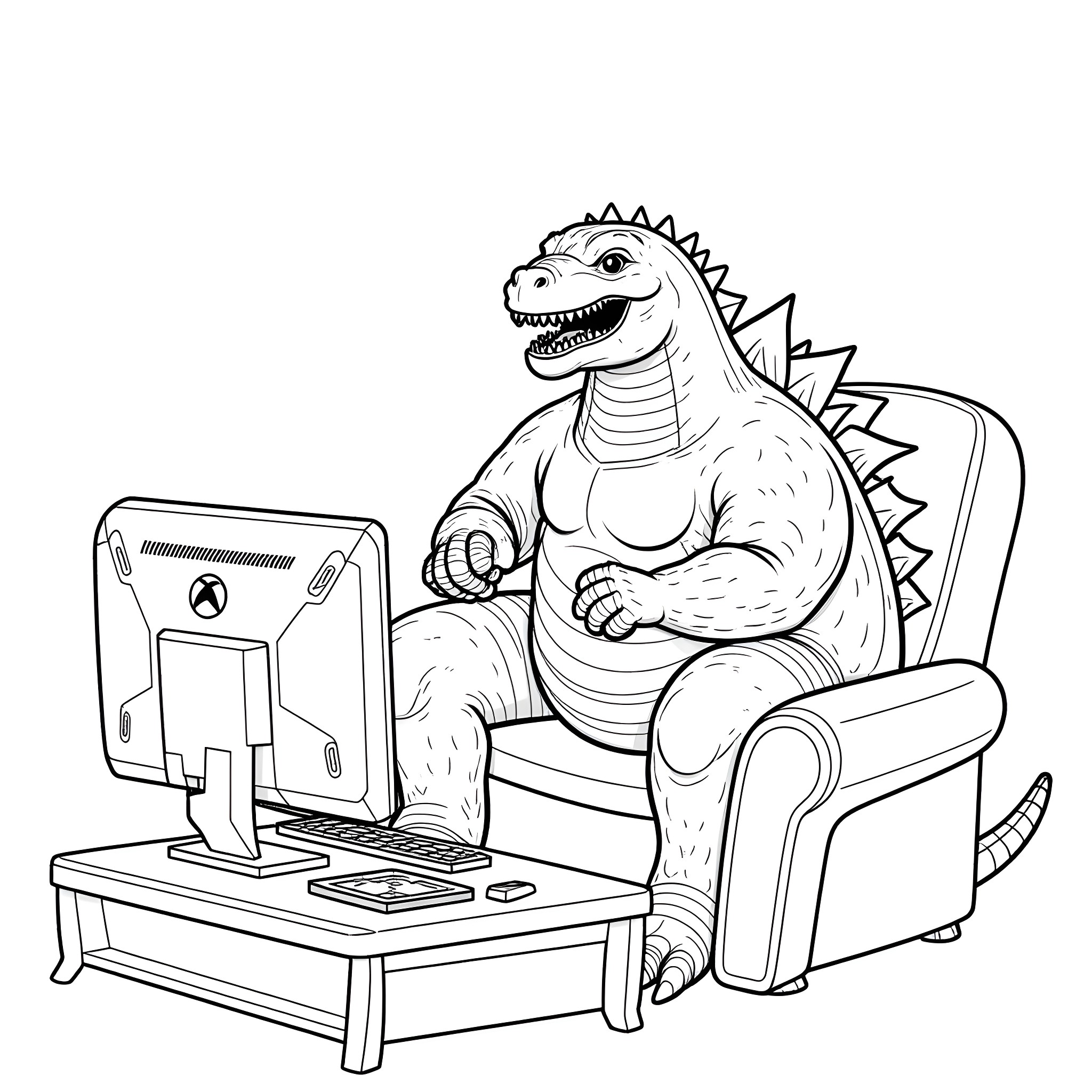 Godzilla playing video games on the couch Coloring Page (free black-and-white line drawing printable PDF for all, from beginners to advanced learners, including children, teens, adults, and seniors)