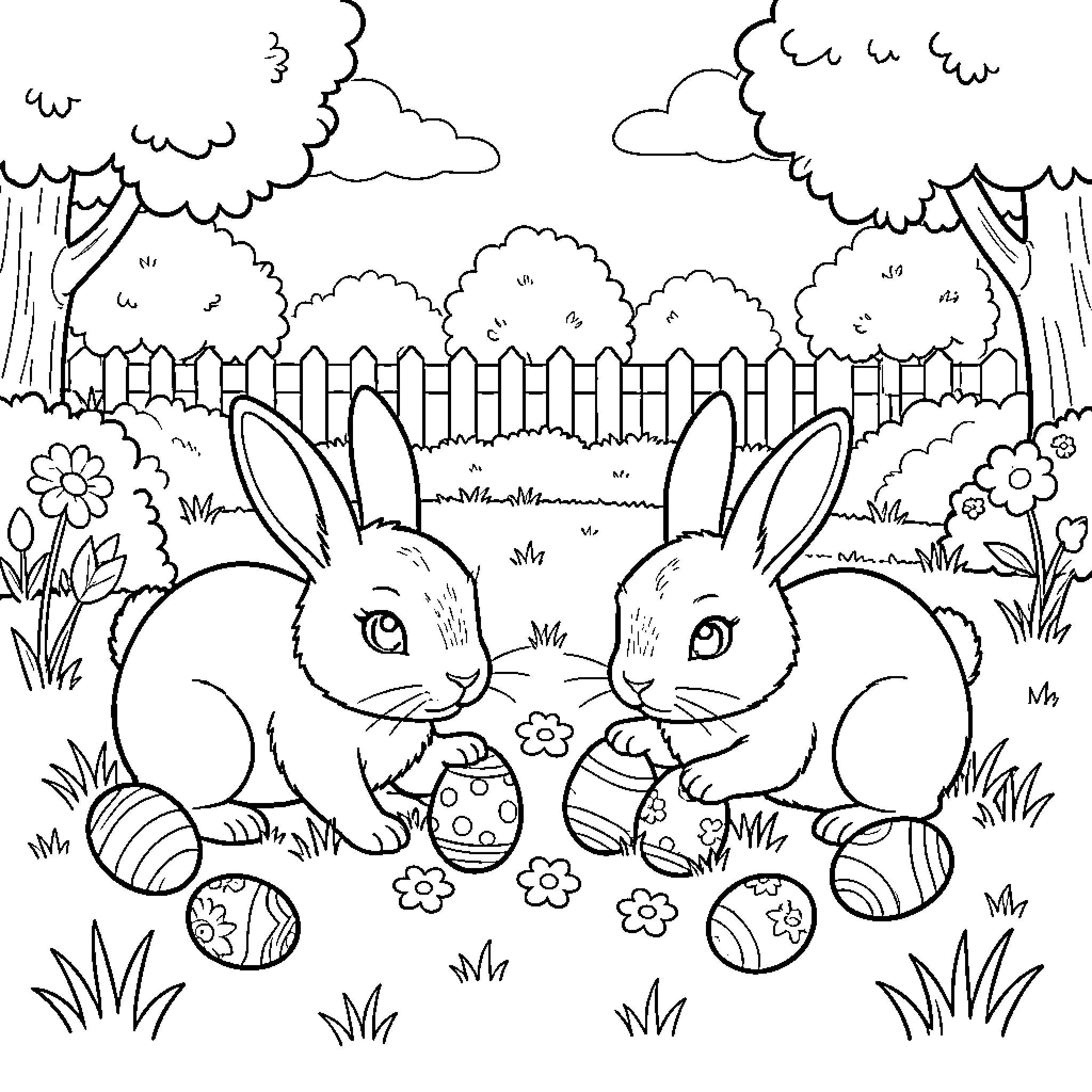Bunny rabbits exploring a lush garden Coloring Page (free black-and-white line drawing printable PDF for all, from beginners to advanced learners, including children, teens, adults, and seniors)