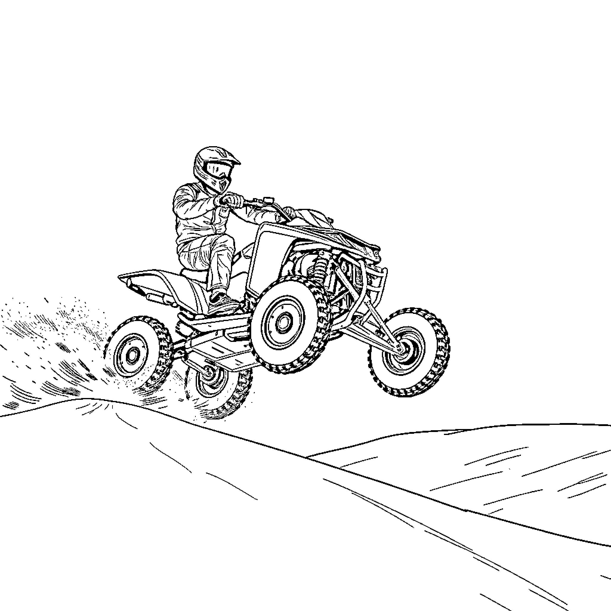 Quadbike jumping over rough terrain Coloring Page (free black-and-white line drawing printable PDF for all, from beginners to advanced learners, including children, teens, adults, and seniors)