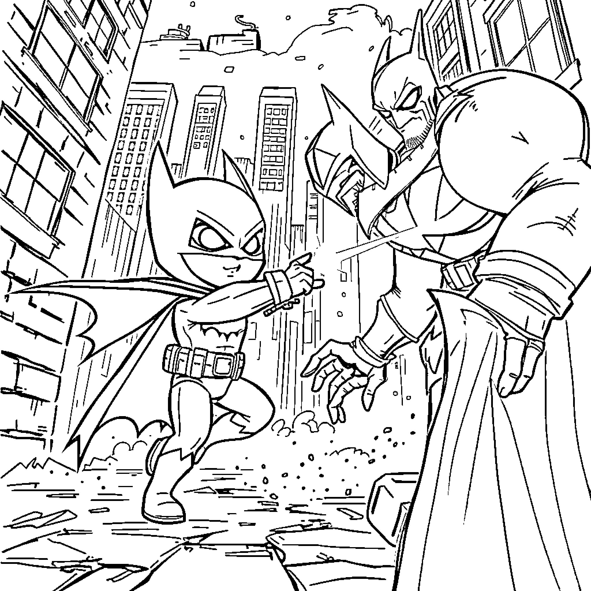 Baby Batman fighting crime in the city Coloring Page (free black-and-white line drawing printable PDF for all, from beginners to advanced learners, including children, teens, adults, and seniors)