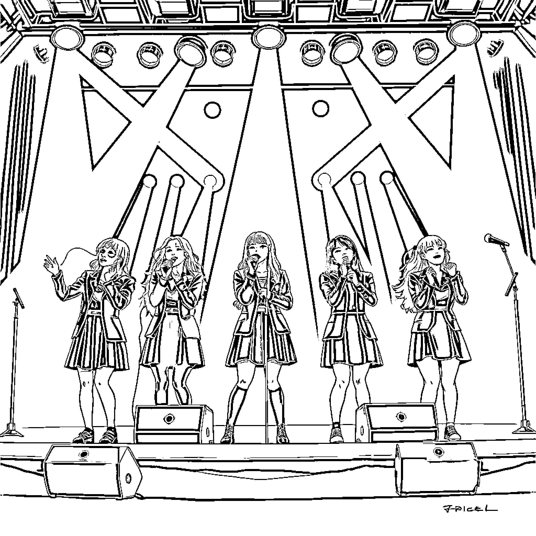 Twice Performing on Stage with Microphones Coloring Page (free black-and-white line drawing printable PDF for all, from beginners to advanced learners, including children, teens, adults, and seniors)