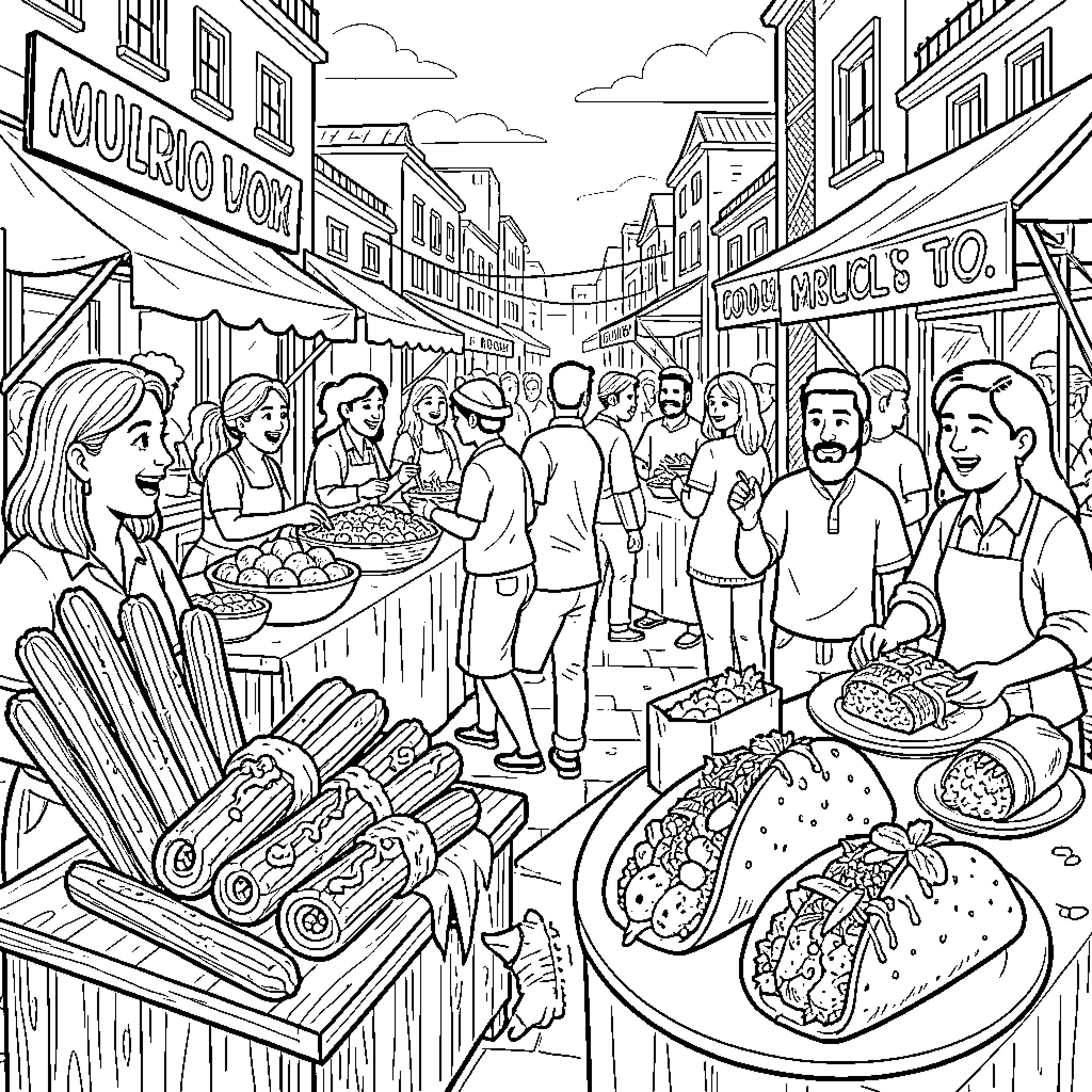 Mexican Treat stalls bustling with people in a market Coloring Page (free black-and-white line drawing printable PDF for all, from beginners to advanced learners, including children, teens, adults, and seniors)