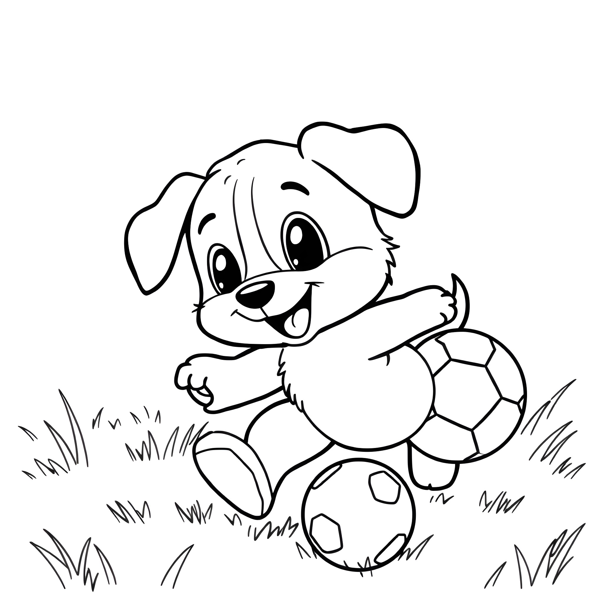 Puppy playing with soccer ball in the field Coloring Page (free black-and-white line drawing printable PDF for all, from beginners to advanced learners, including children, teens, adults, and seniors)