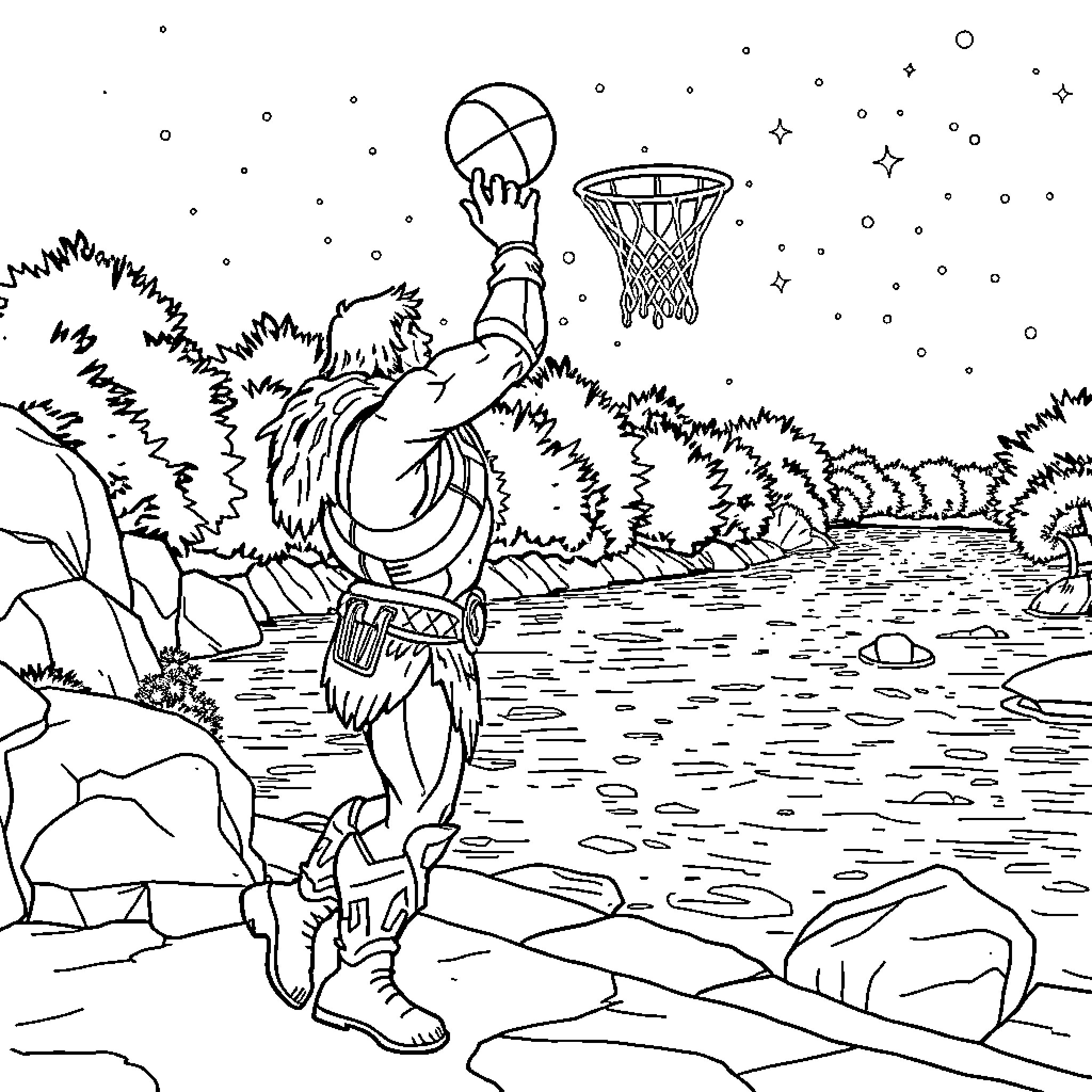 He-Man playing basketball under the night sky Coloring Page (free black-and-white line drawing printable PDF for all, from beginners to advanced learners, including children, teens, adults, and seniors)