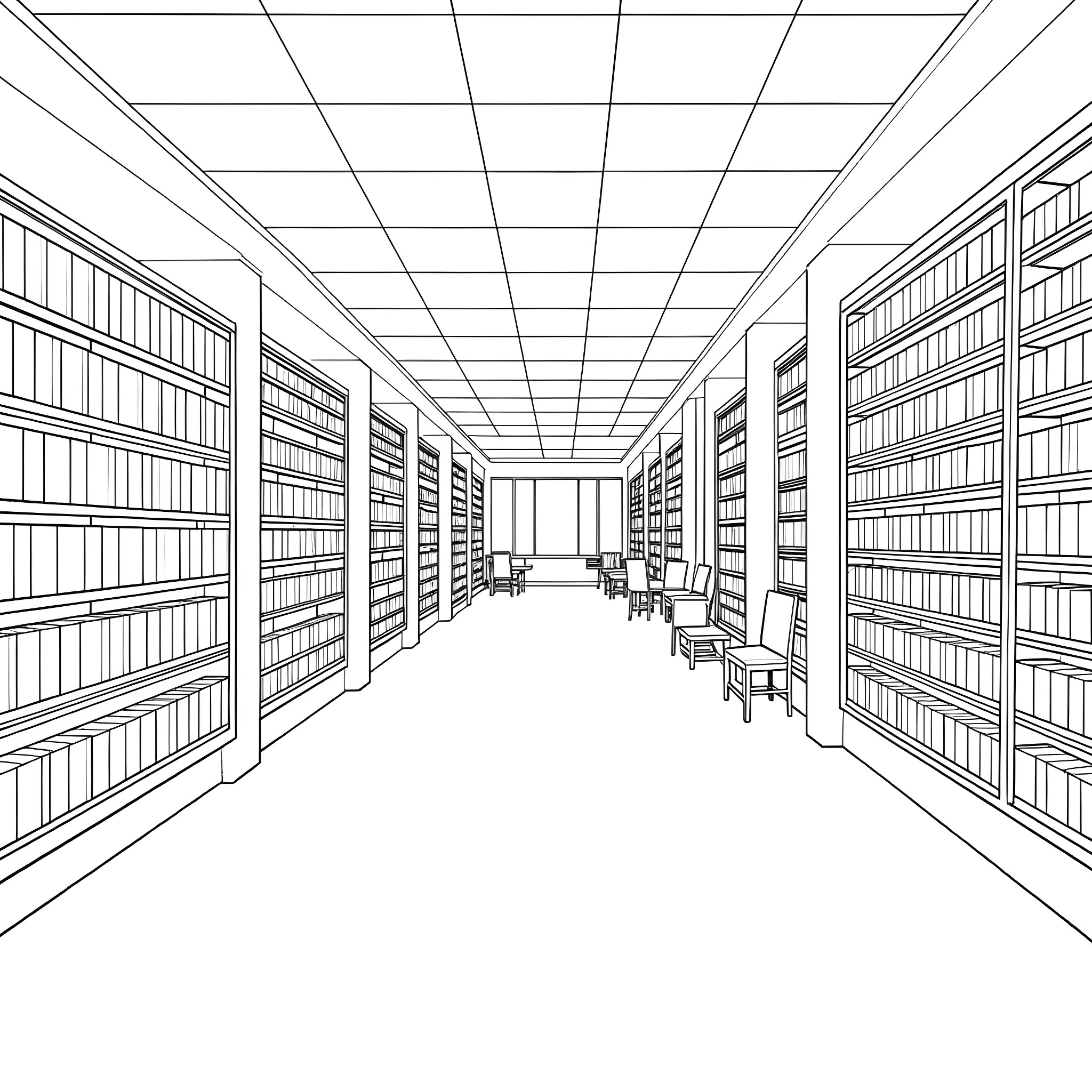 Library Filled with Books and Bookshelves Coloring Page (free black-and-white line drawing printable PDF for all, from beginners to advanced learners, including children, teens, adults, and seniors)
