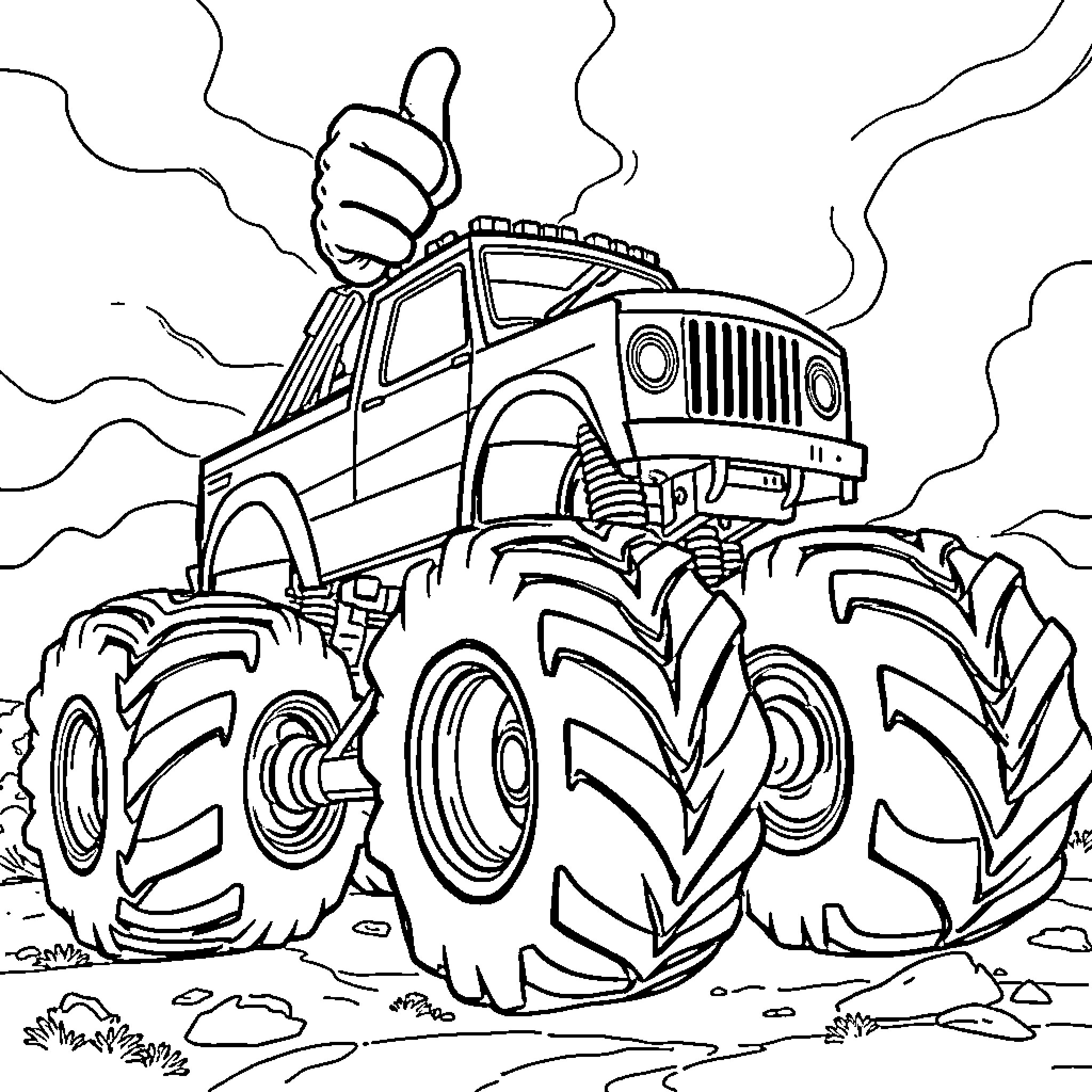Monster Truck Crushing Obstacles with Determination Coloring Page (free black-and-white line drawing printable PDF for all, from beginners to advanced learners, including children, teens, adults, and seniors)