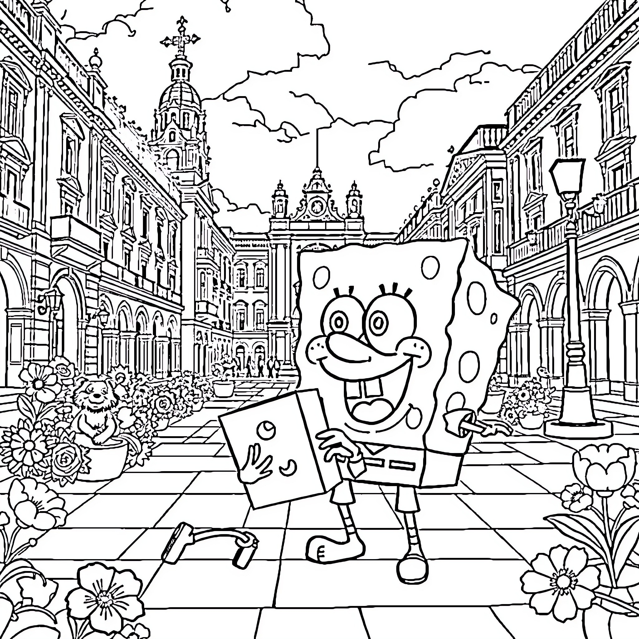 Tralalero Spongebob Enjoys a Whimsical Street Scene Coloring Page (free black-and-white line drawing printable PDF for all, from beginners to advanced learners, including children, teens, adults, and seniors)