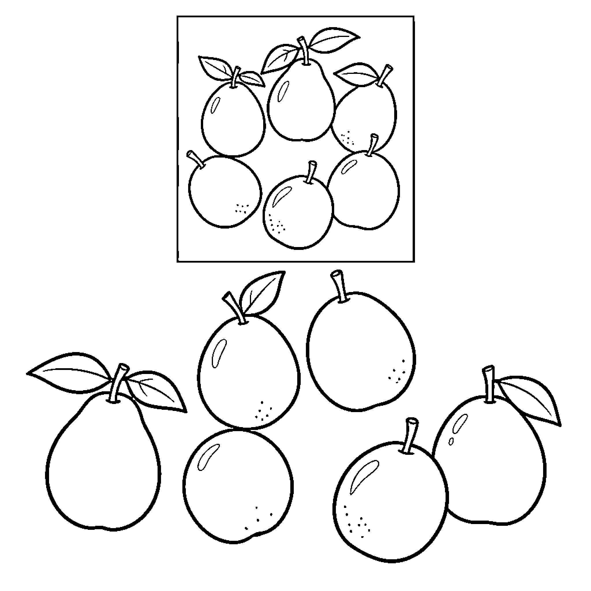 Fruit arranged in a group with leaves Coloring Page (free black-and-white line drawing printable PDF for all, from beginners to advanced learners, including children, teens, adults, and seniors)