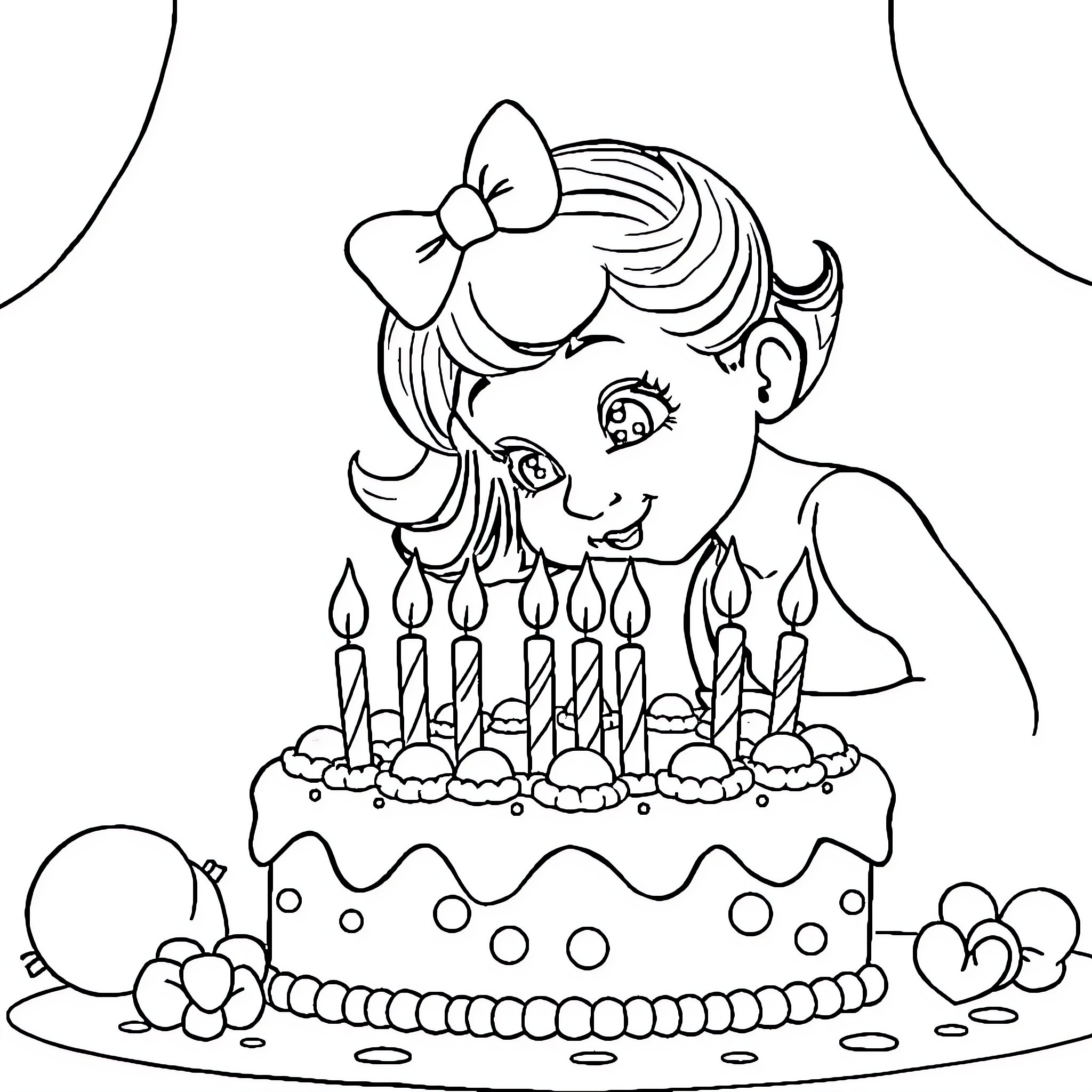 Gabby's Birthday Celebration with Cake and Candles Coloring Page (free black-and-white line drawing printable PDF for all, from beginners to advanced learners, including children, teens, adults, and seniors)