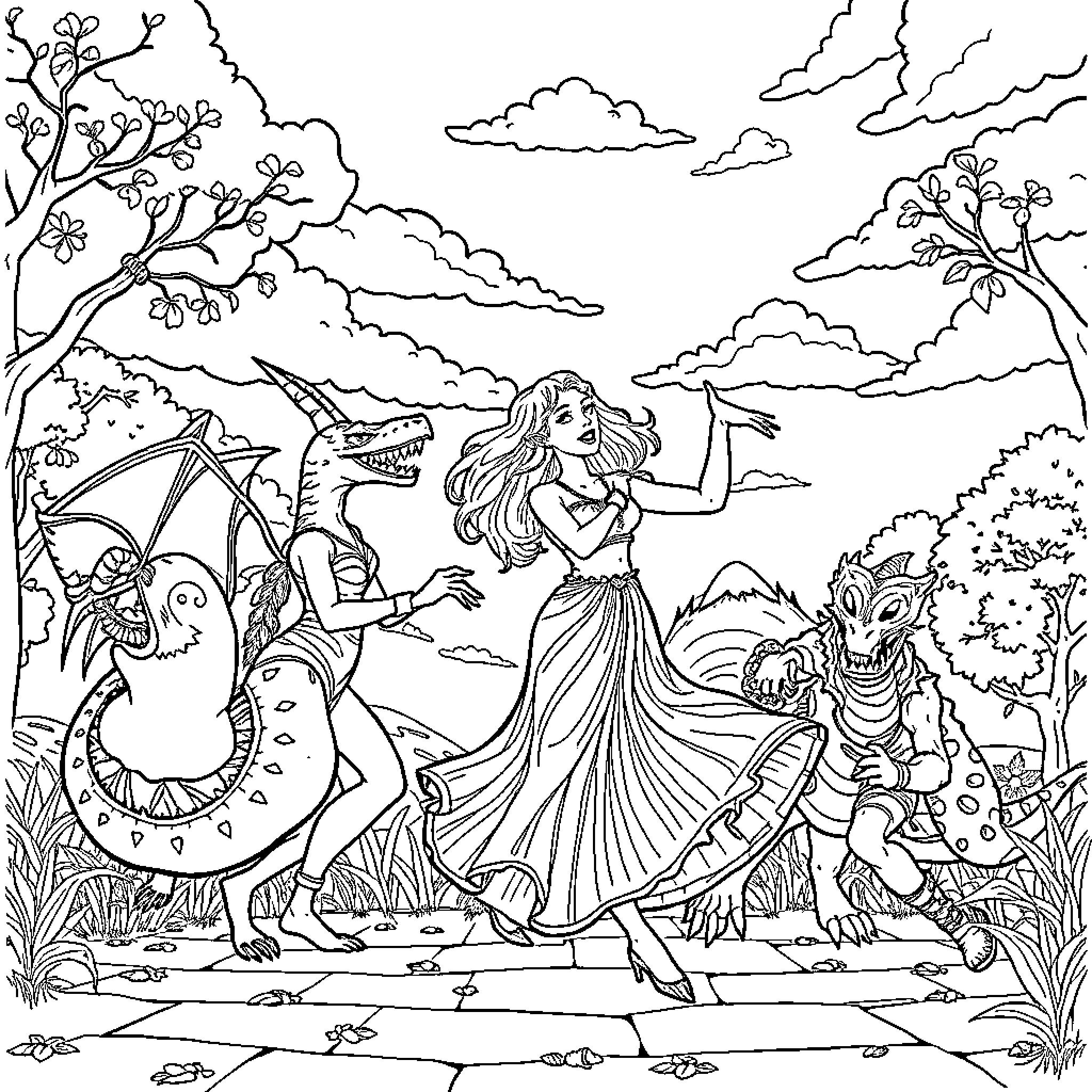 Alicia's Enchanting Forest Adventure Coloring Page (free black-and-white line drawing printable PDF for all, from beginners to advanced learners, including children, teens, adults, and seniors)