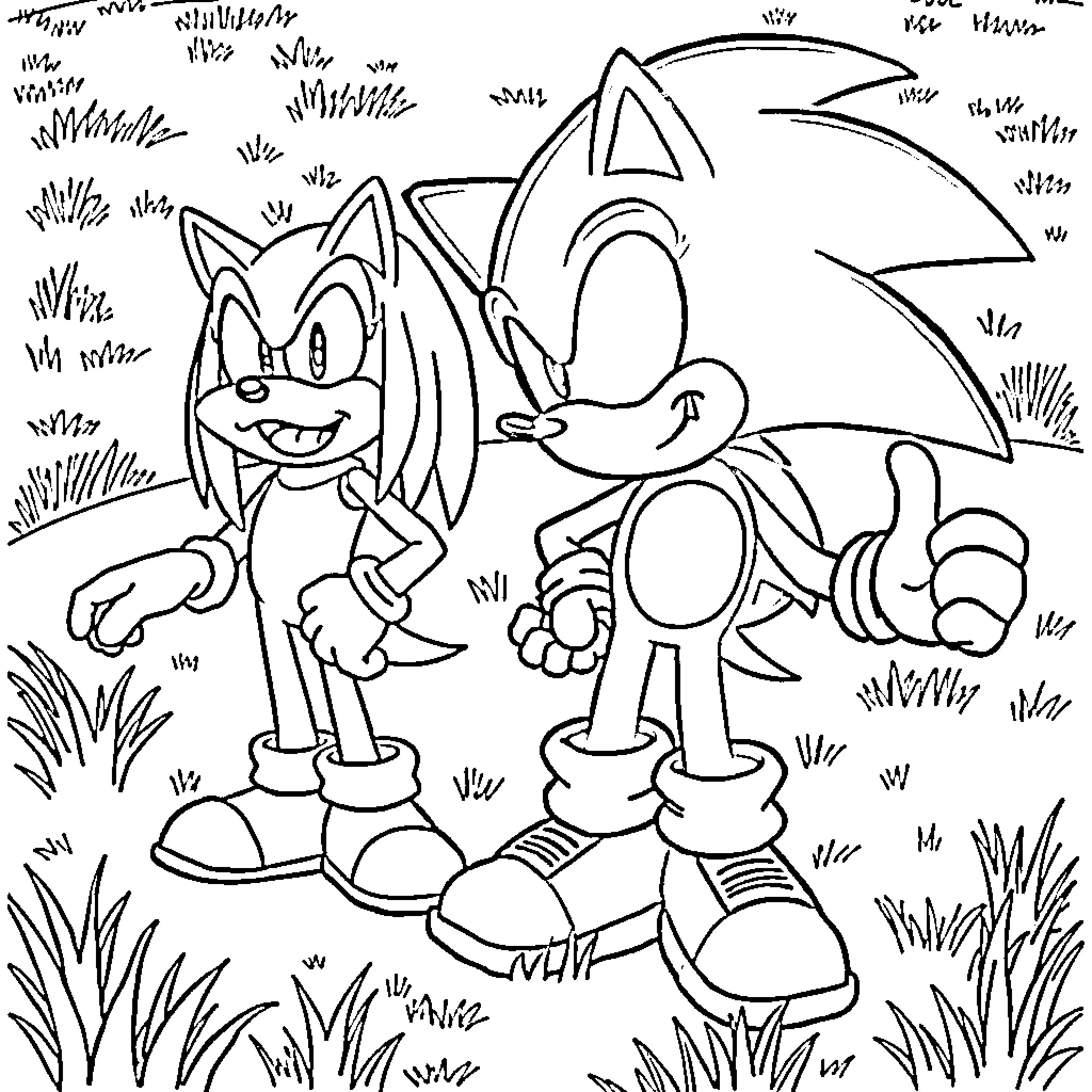 Sonic and friends in a playful outdoor scene Coloring Page (free black-and-white line drawing printable PDF for all, from beginners to advanced learners, including children, teens, adults, and seniors)