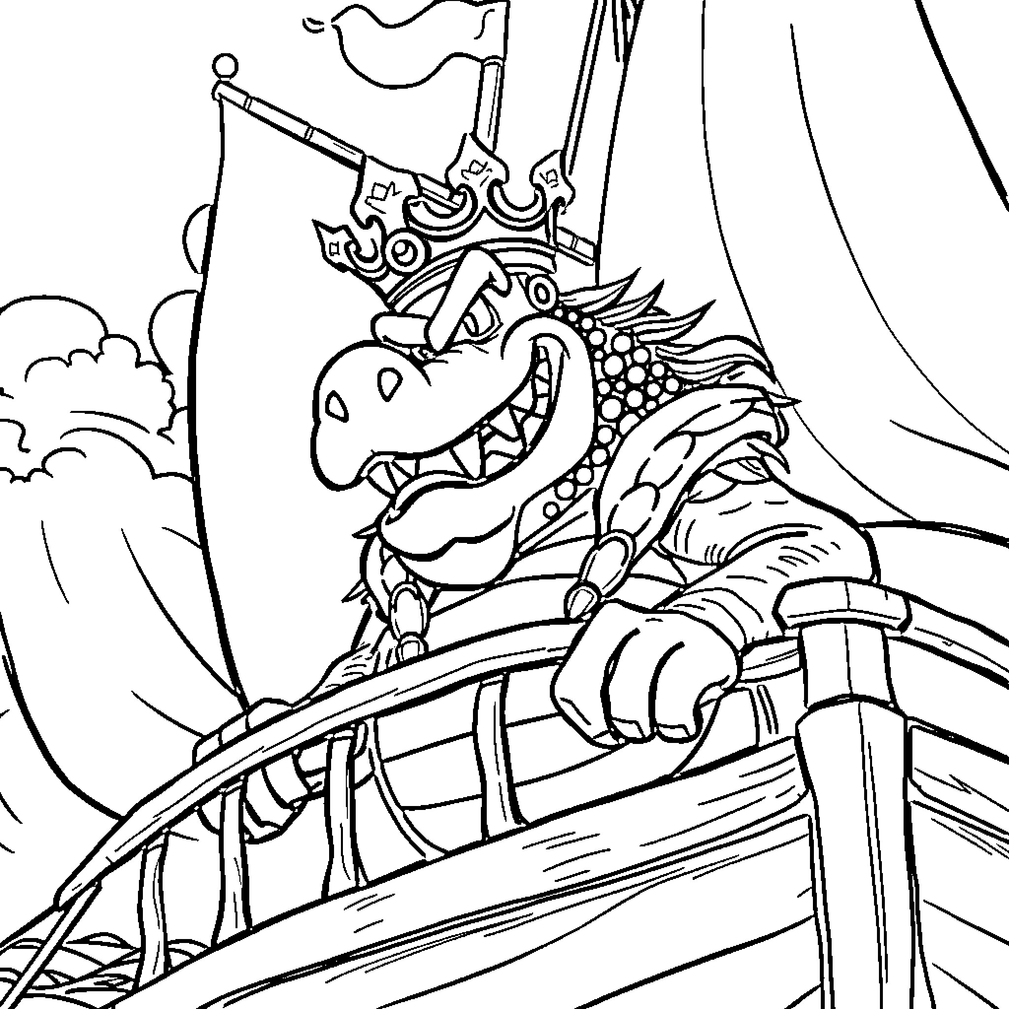 King K. Rool sailing a pirate ship on the high seas Coloring Page (free black-and-white line drawing printable PDF for all, from beginners to advanced learners, including children, teens, adults, and seniors)