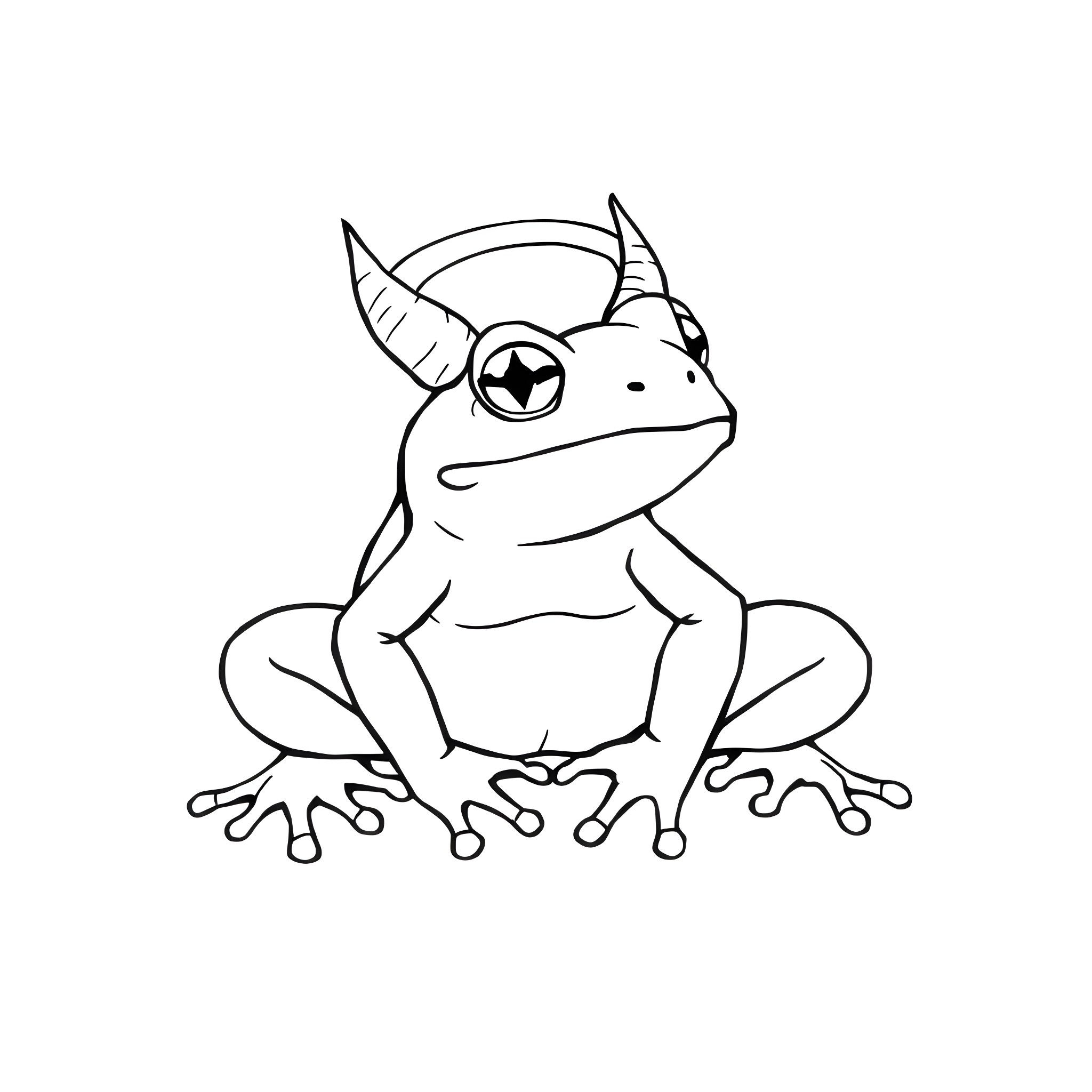 Frog with big eyes sitting on the ground Coloring Page (free black-and-white line drawing printable PDF for all, from beginners to advanced learners, including children, teens, adults, and seniors)