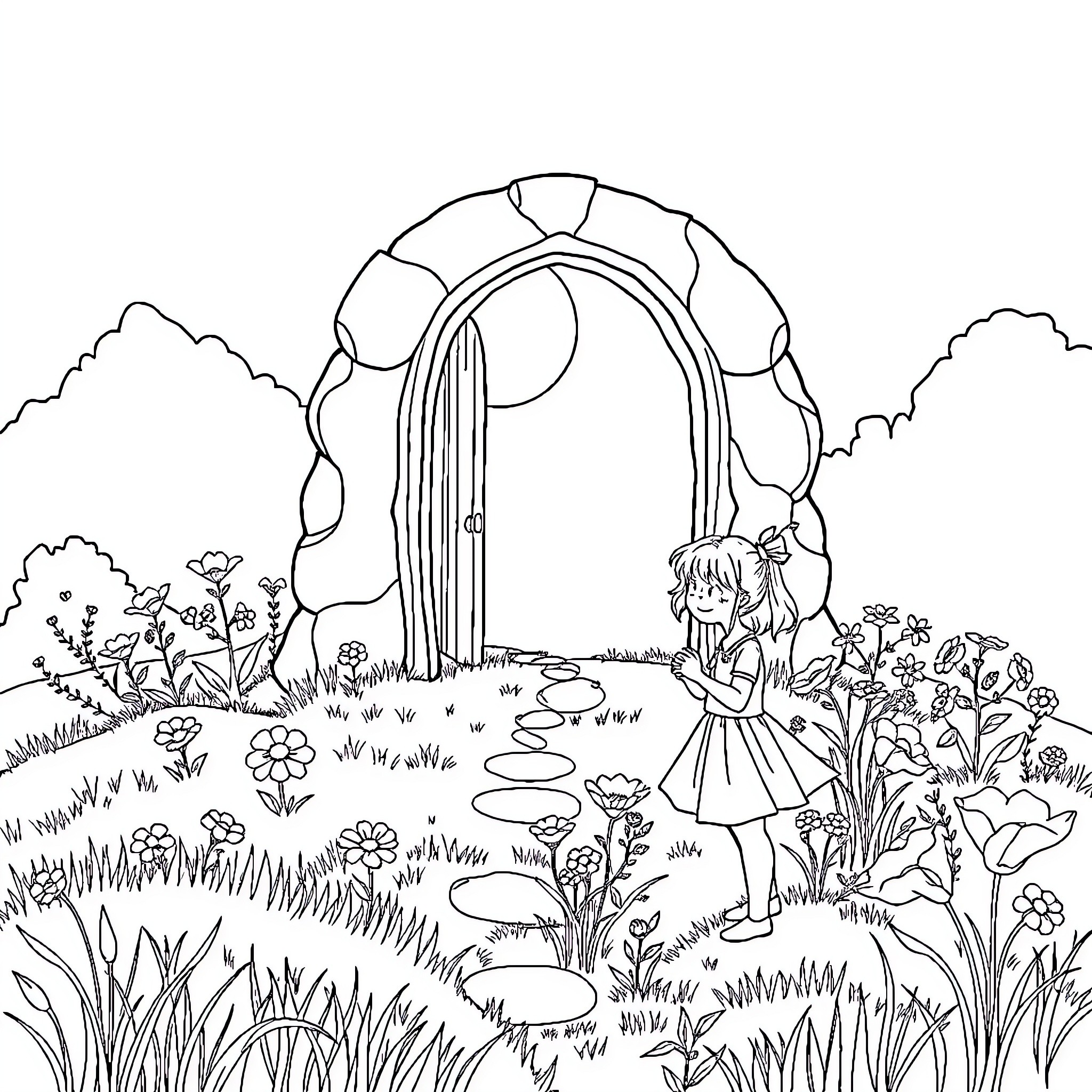 Girl exploring a magical garden archway Coloring Page (free black-and-white line drawing printable PDF for all, from beginners to advanced learners, including children, teens, adults, and seniors)