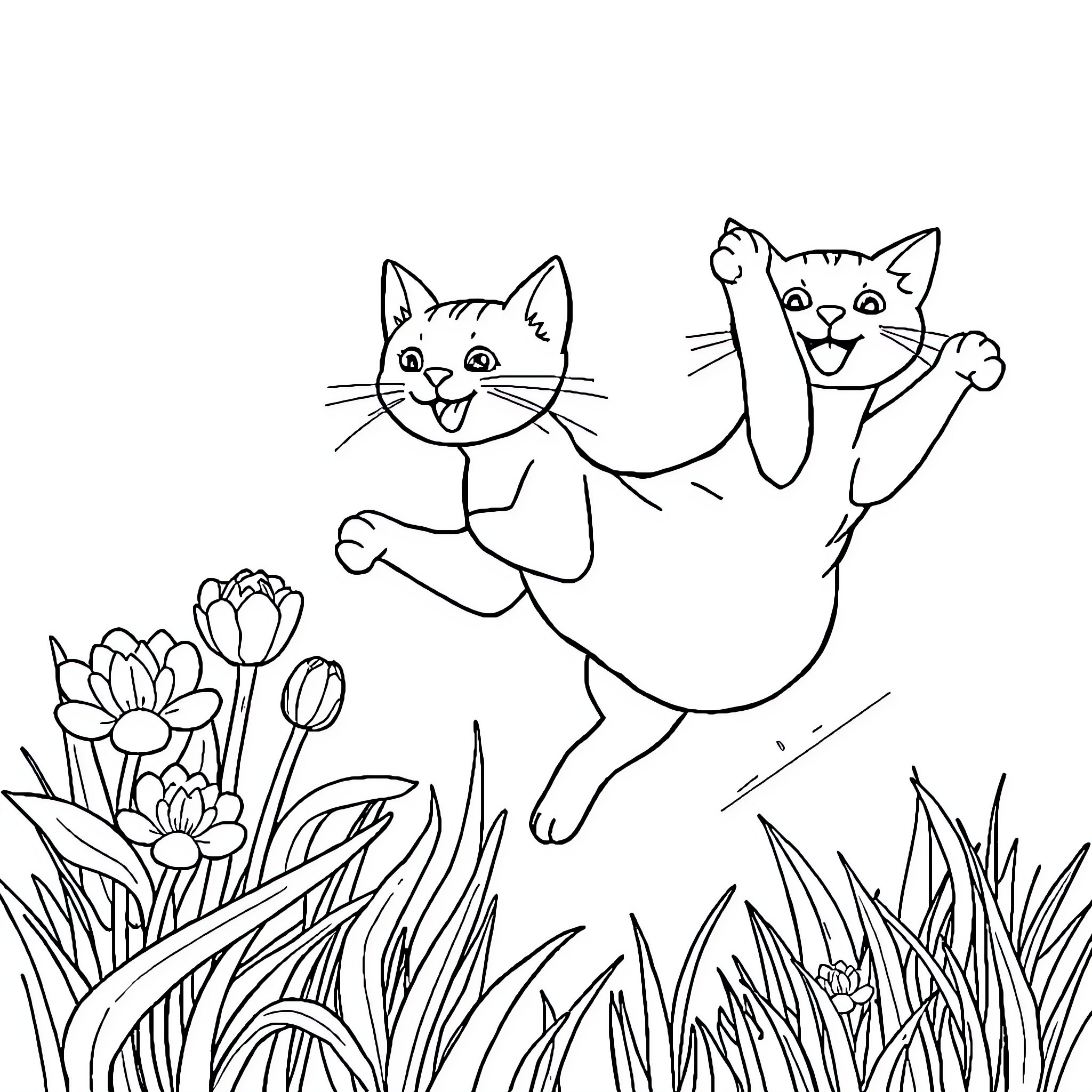 Cats playing joyfully in a garden Coloring Page (free black-and-white line drawing printable PDF for all, from beginners to advanced learners, including children, teens, adults, and seniors)