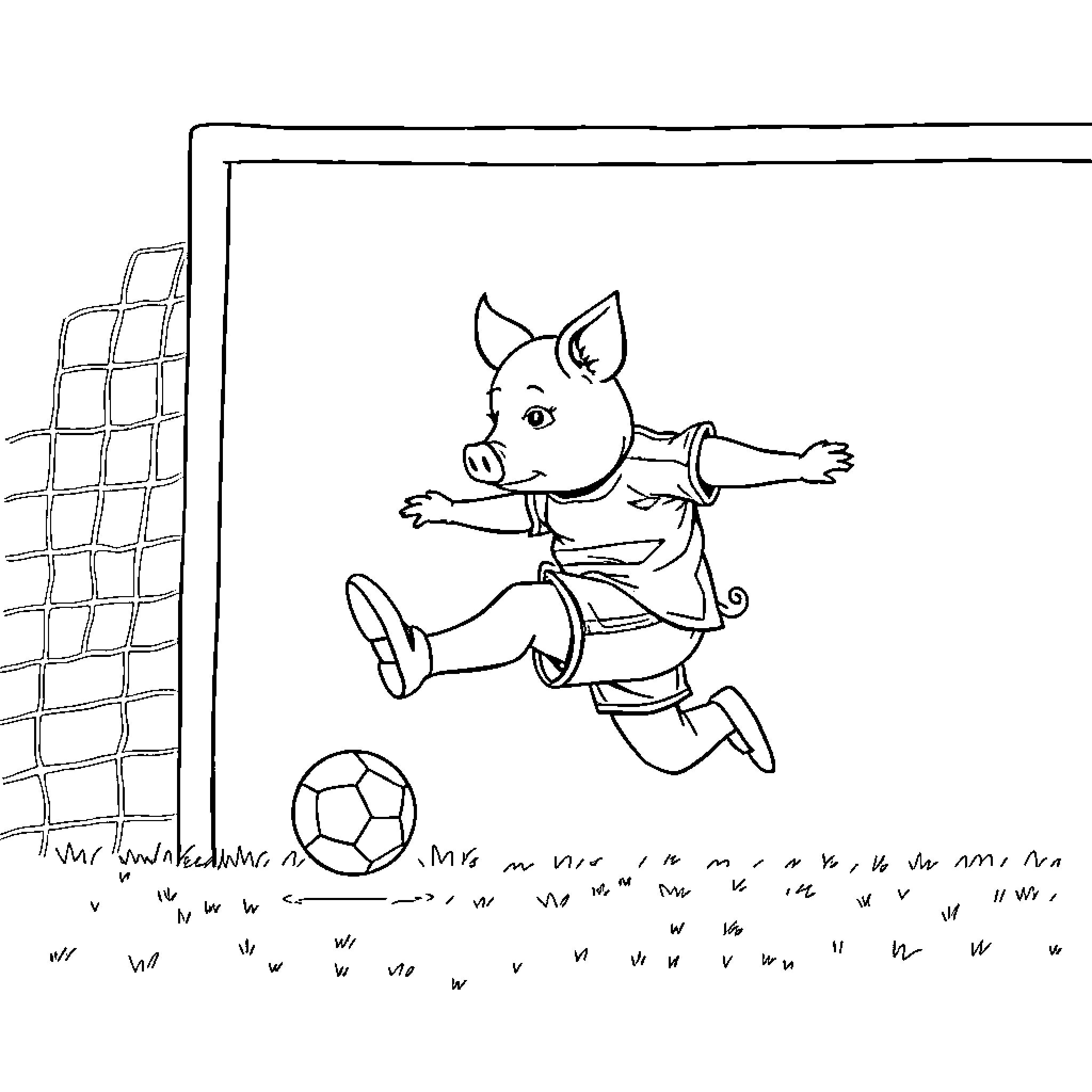 Pig playing soccer happily on the field Coloring Page (free black-and-white line drawing printable PDF for all, from beginners to advanced learners, including children, teens, adults, and seniors)