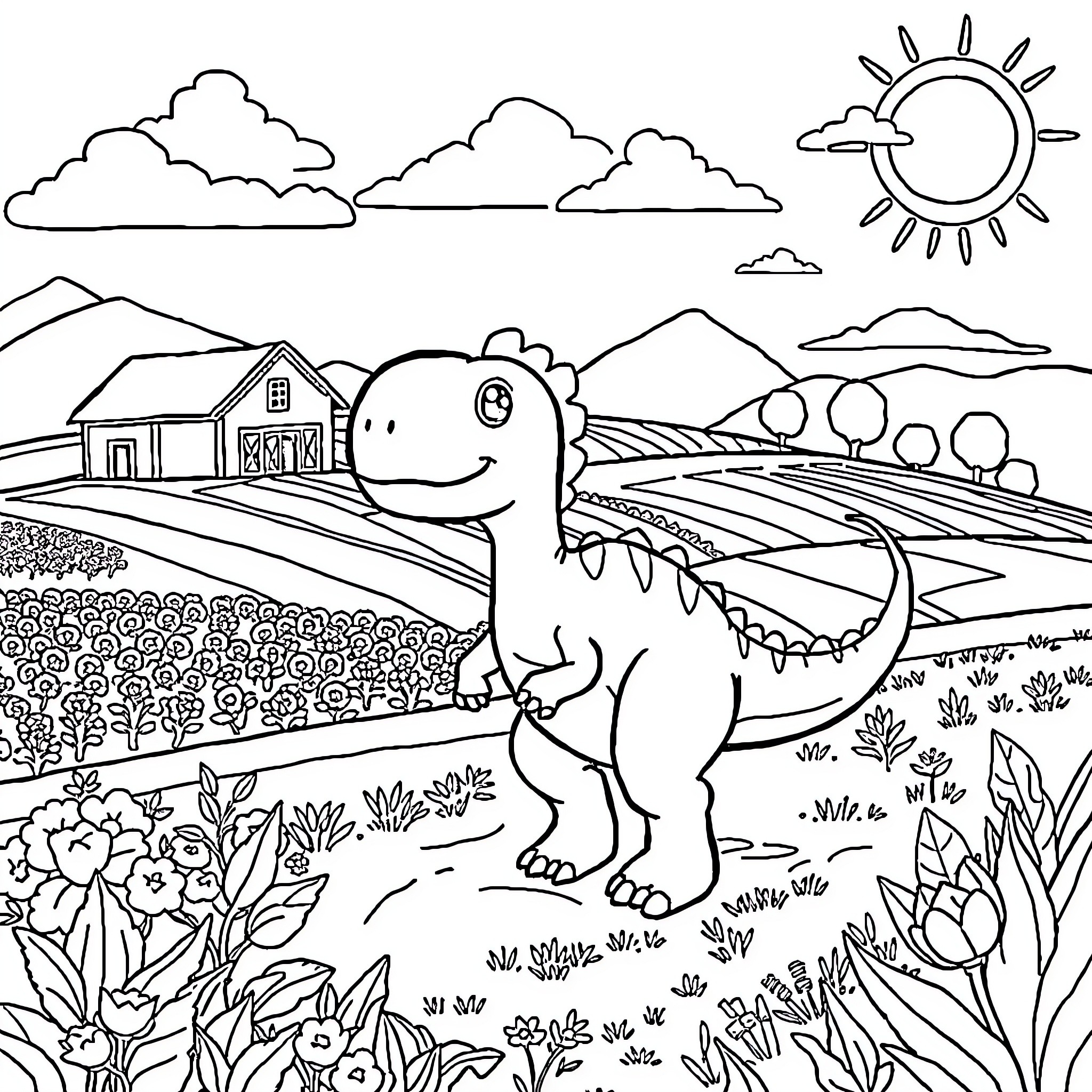 Arlo's Outdoor Adventure in the Countryside Coloring Page (free black-and-white line drawing printable PDF for all, from beginners to advanced learners, including children, teens, adults, and seniors)