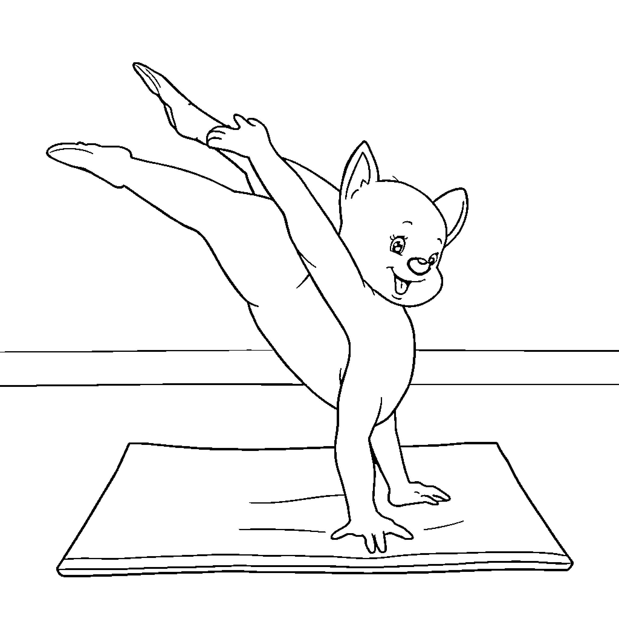 Bluey practicing yoga poses with enthusiasm Coloring Page (free black-and-white line drawing printable PDF for all, from beginners to advanced learners, including children, teens, adults, and seniors)