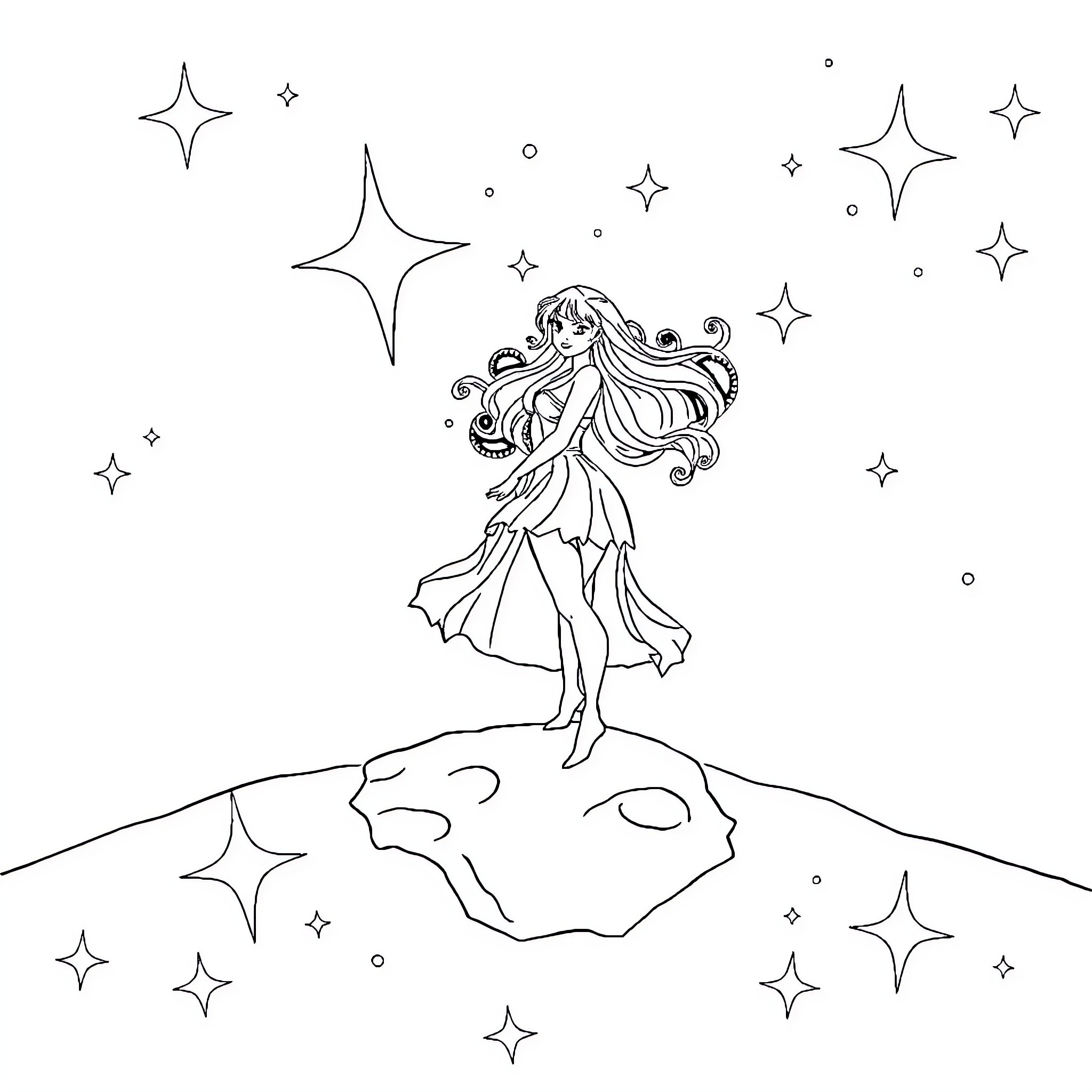 Noctalie's Celestial Dance on the Starry Landscape Coloring Page (free black-and-white line drawing printable PDF for all, from beginners to advanced learners, including children, teens, adults, and seniors)