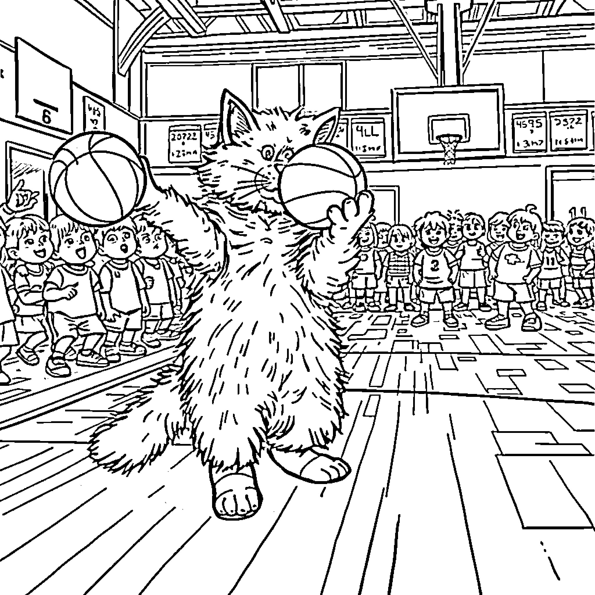 Cat exploring an indoor basketball court Coloring Page (free black-and-white line drawing printable PDF for all, from beginners to advanced learners, including children, teens, adults, and seniors)