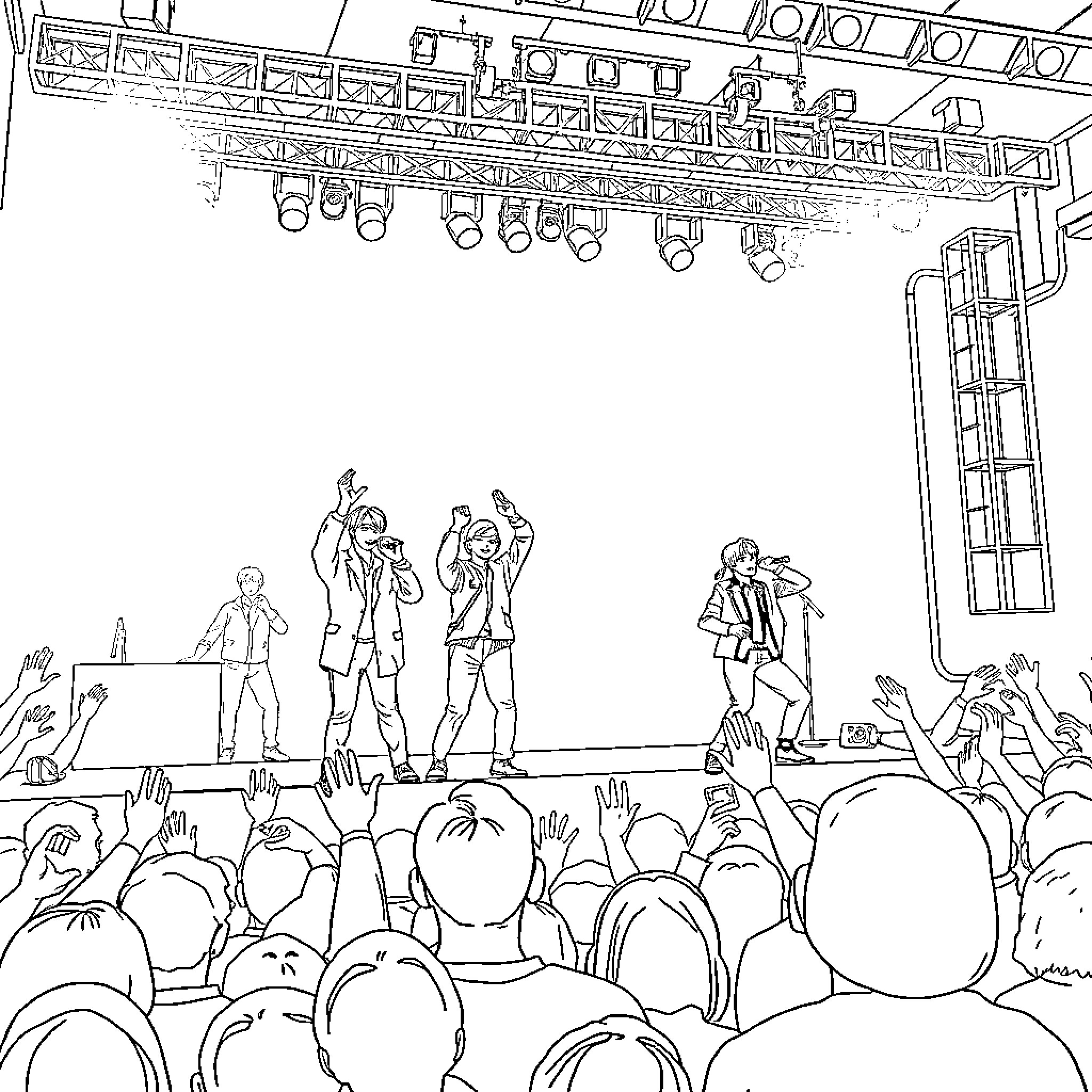 BTS Performing on Stage with Energetic Crowd Coloring Page (free black-and-white line drawing printable PDF for all, from beginners to advanced learners, including children, teens, adults, and seniors)