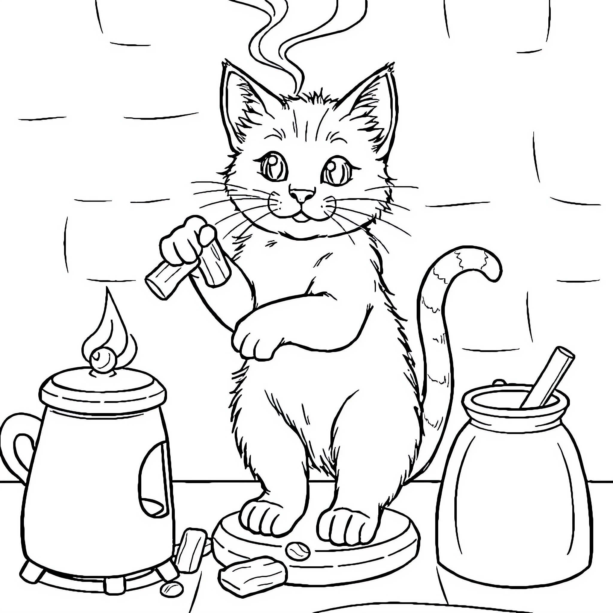 Gato enjoying a warm drink in the kitchen Coloring Page (free black-and-white line drawing printable PDF for all, from beginners to advanced learners, including children, teens, adults, and seniors)