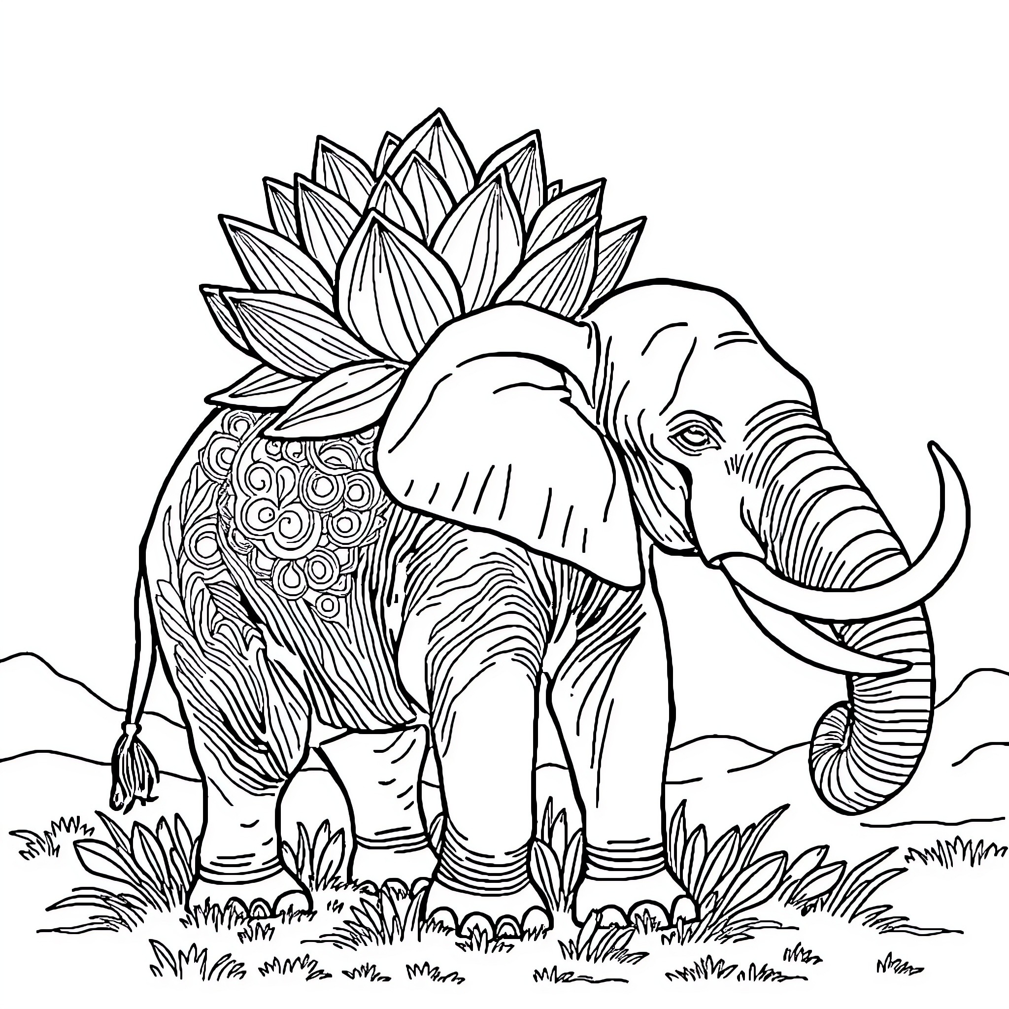 Lotus Elephant Roaming Peacefully in Nature Coloring Page (free black-and-white line drawing printable PDF for all, from beginners to advanced learners, including children, teens, adults, and seniors)