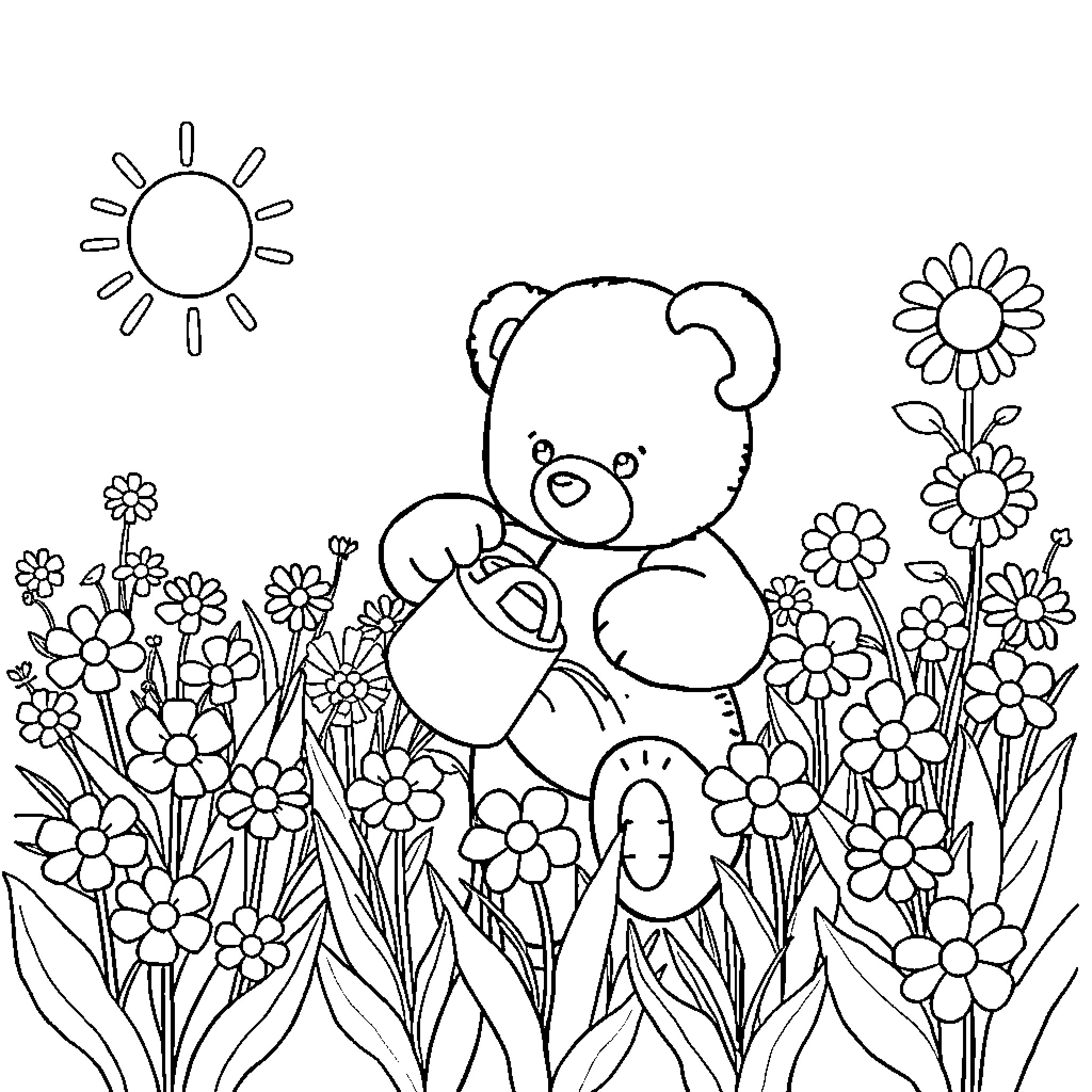Teddybear playing in a flower field Coloring Page (free black-and-white line drawing printable PDF for all, from beginners to advanced learners, including children, teens, adults, and seniors)