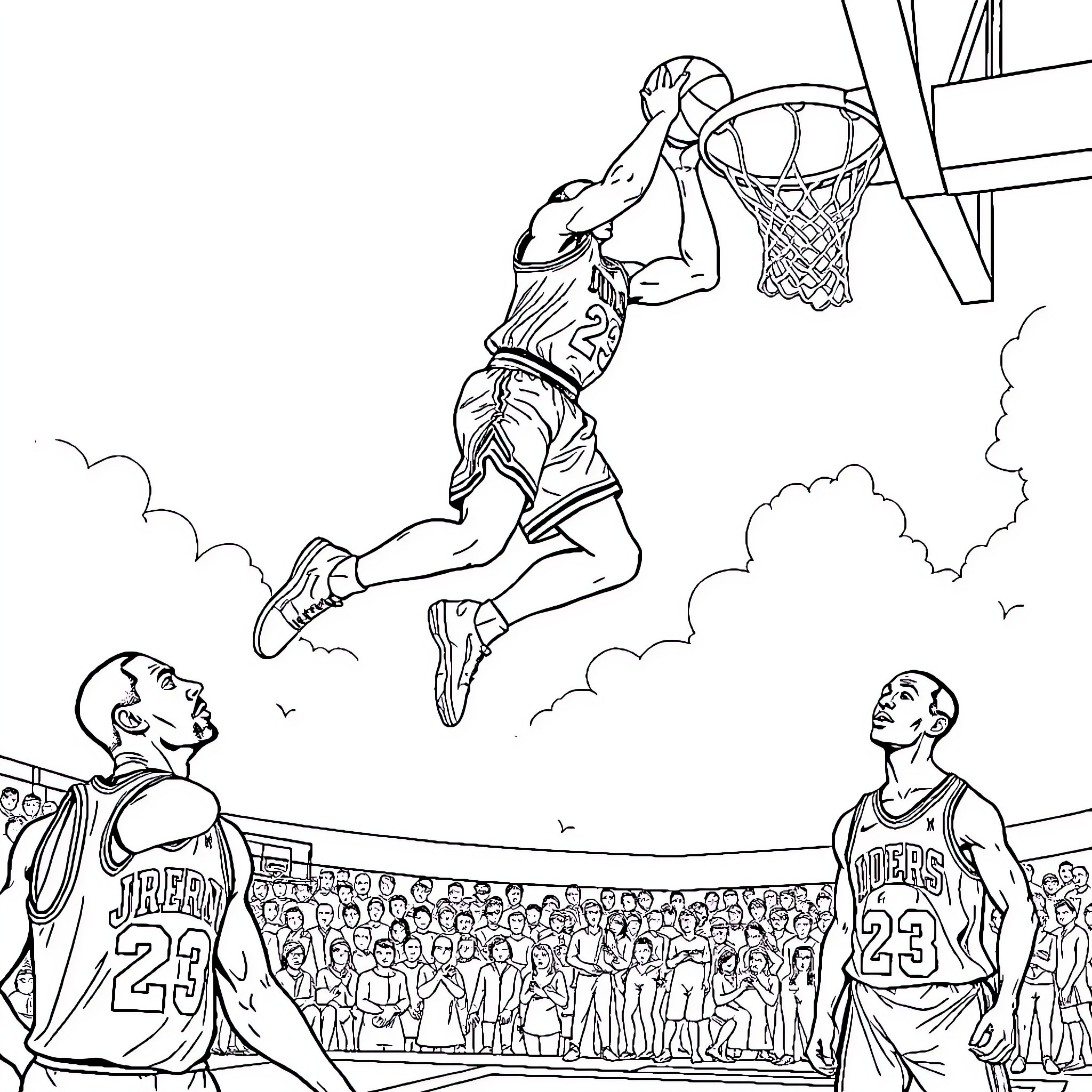 Michael Jordan Dunking the Basketball on Court Coloring Page (free black-and-white line drawing printable PDF for all, from beginners to advanced learners, including children, teens, adults, and seniors)