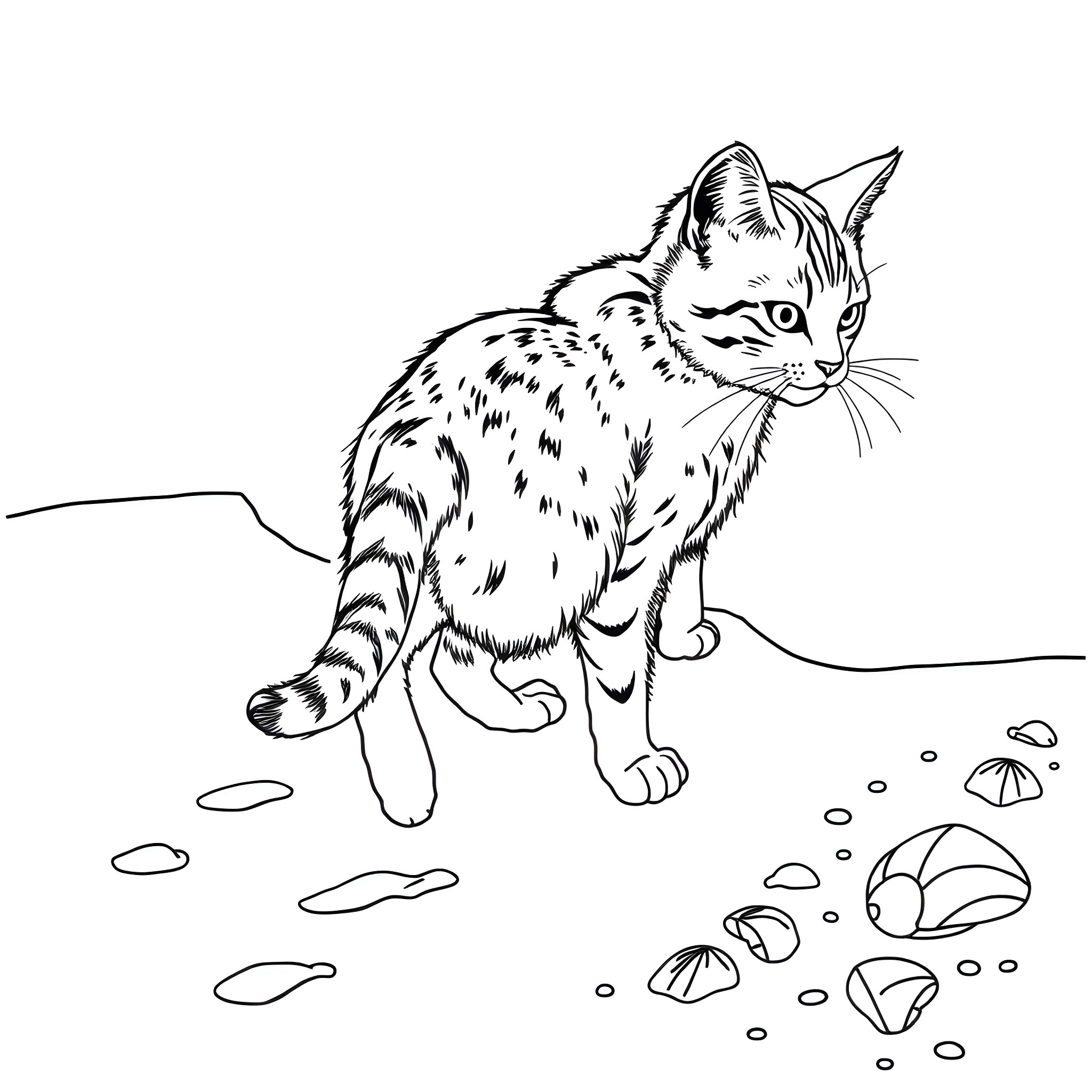 Cat exploring the outdoors with toys Coloring Page (free black-and-white line drawing printable PDF for all, from beginners to advanced learners, including children, teens, adults, and seniors)